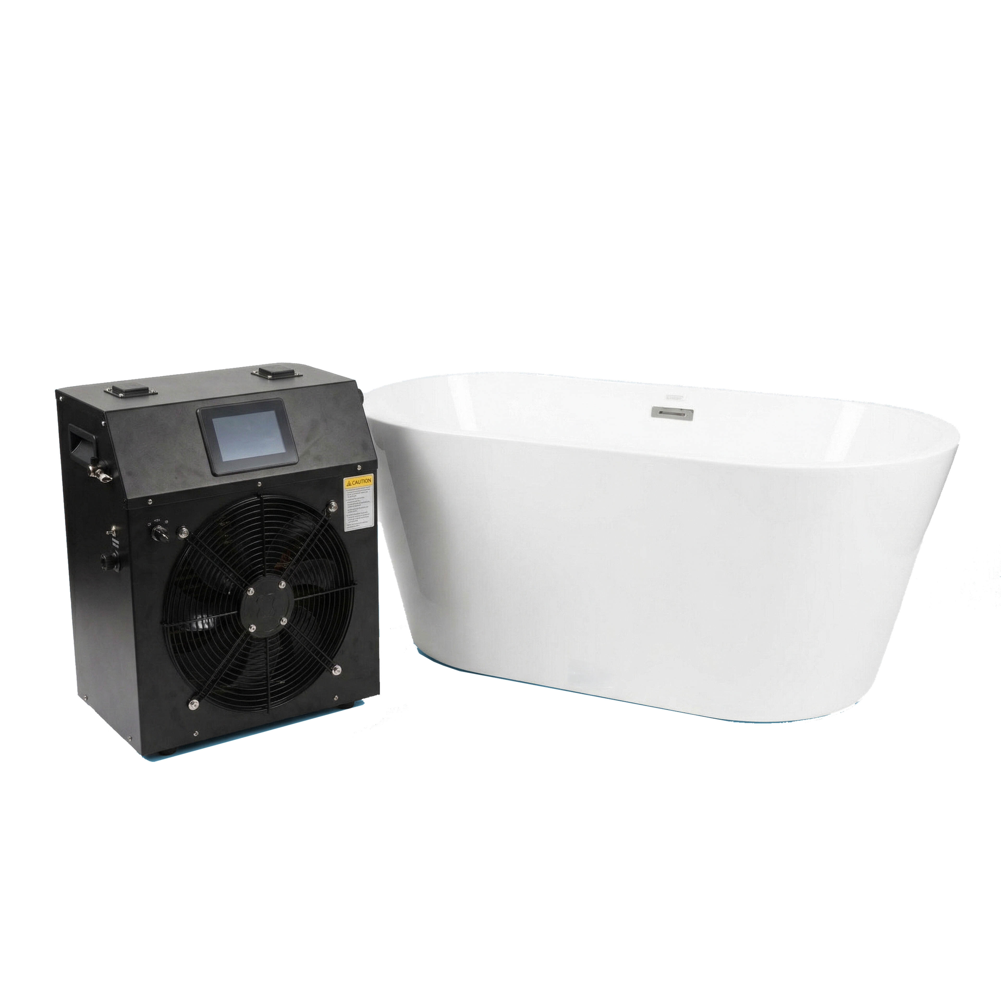 Black cooling unit with a fan and screen, next to a white freestanding bathtub.