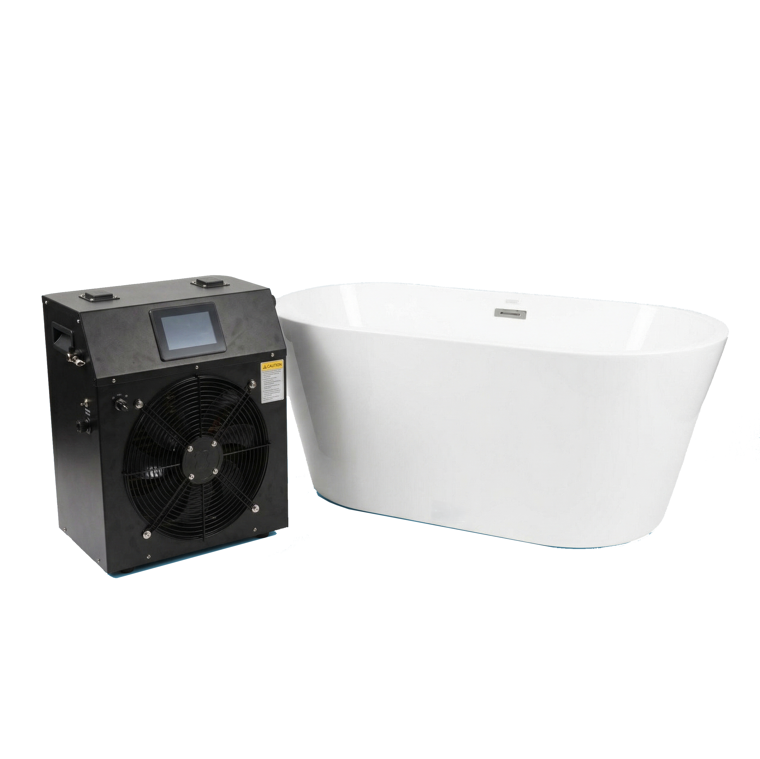 Black cooling unit with a fan and screen, next to a white freestanding bathtub.