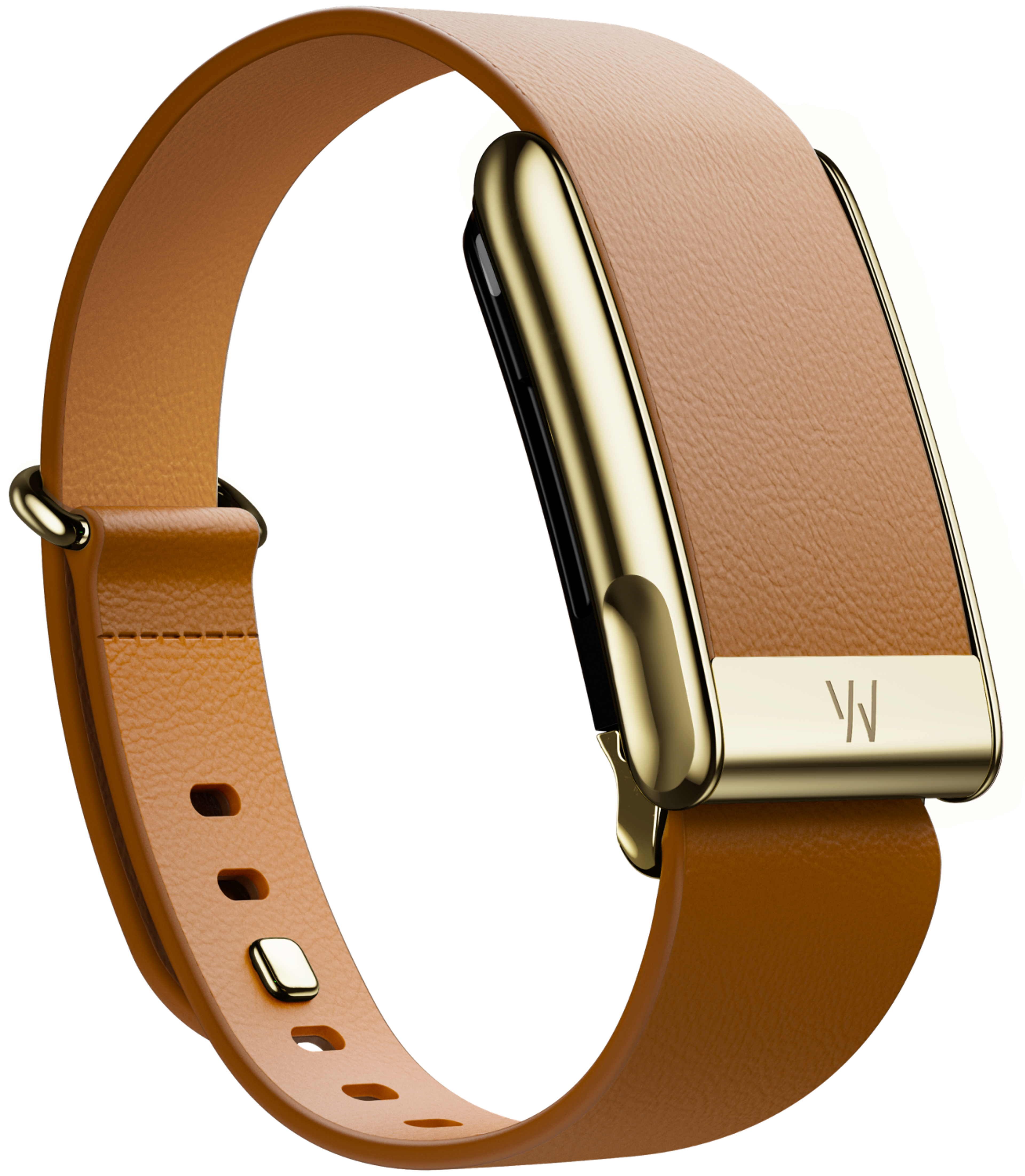 WHOOP 5.0 MG in the Camel LeatherLuxe strap with a gold clasp.