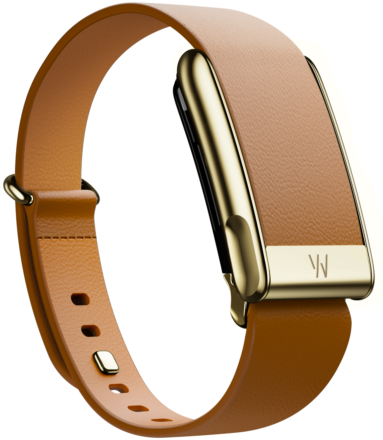 WHOOP 5.0 MG in the Camel LeatherLuxe strap with a gold clasp.