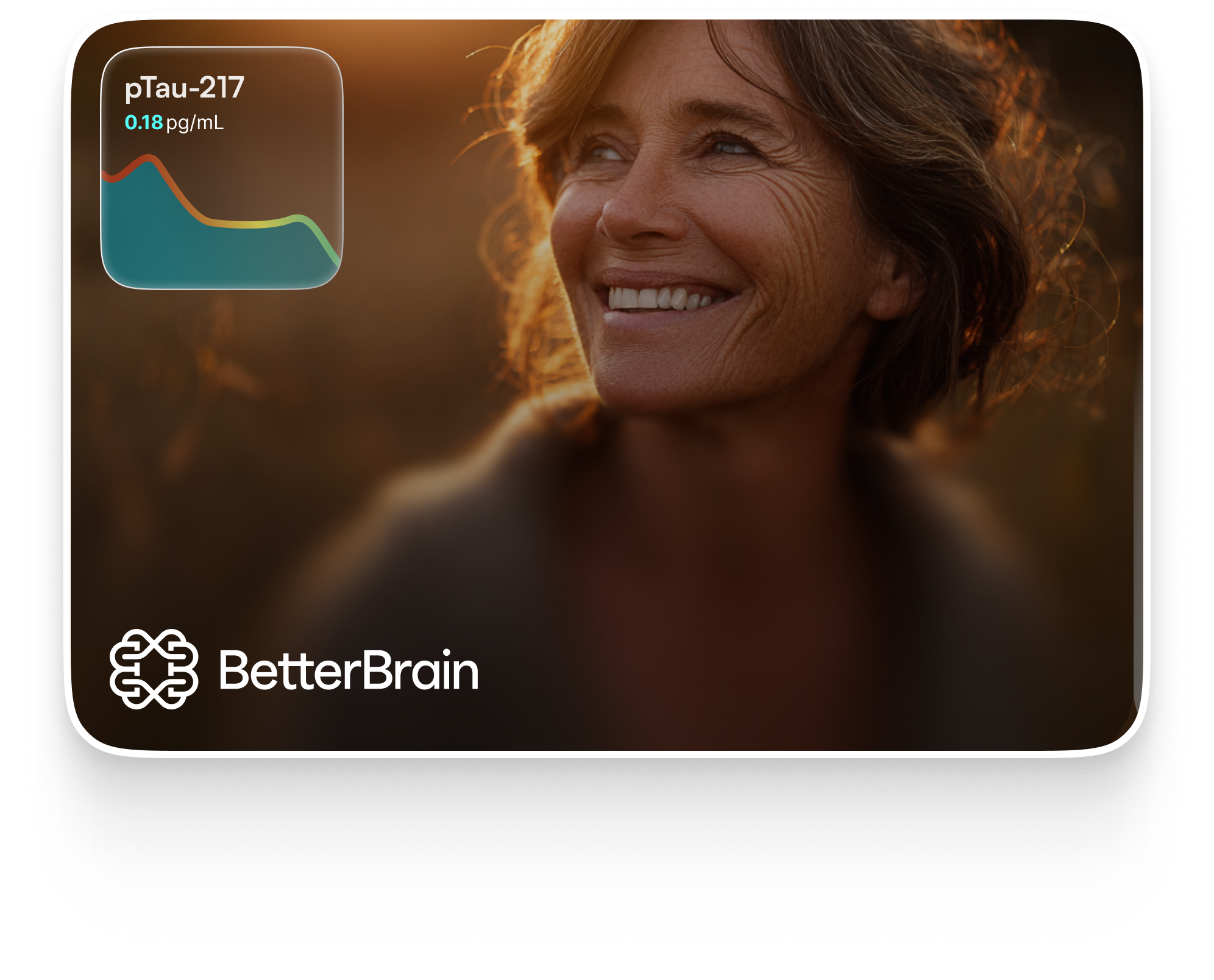 Smiling woman with a pTau-217 data display and BetterBrain logo.