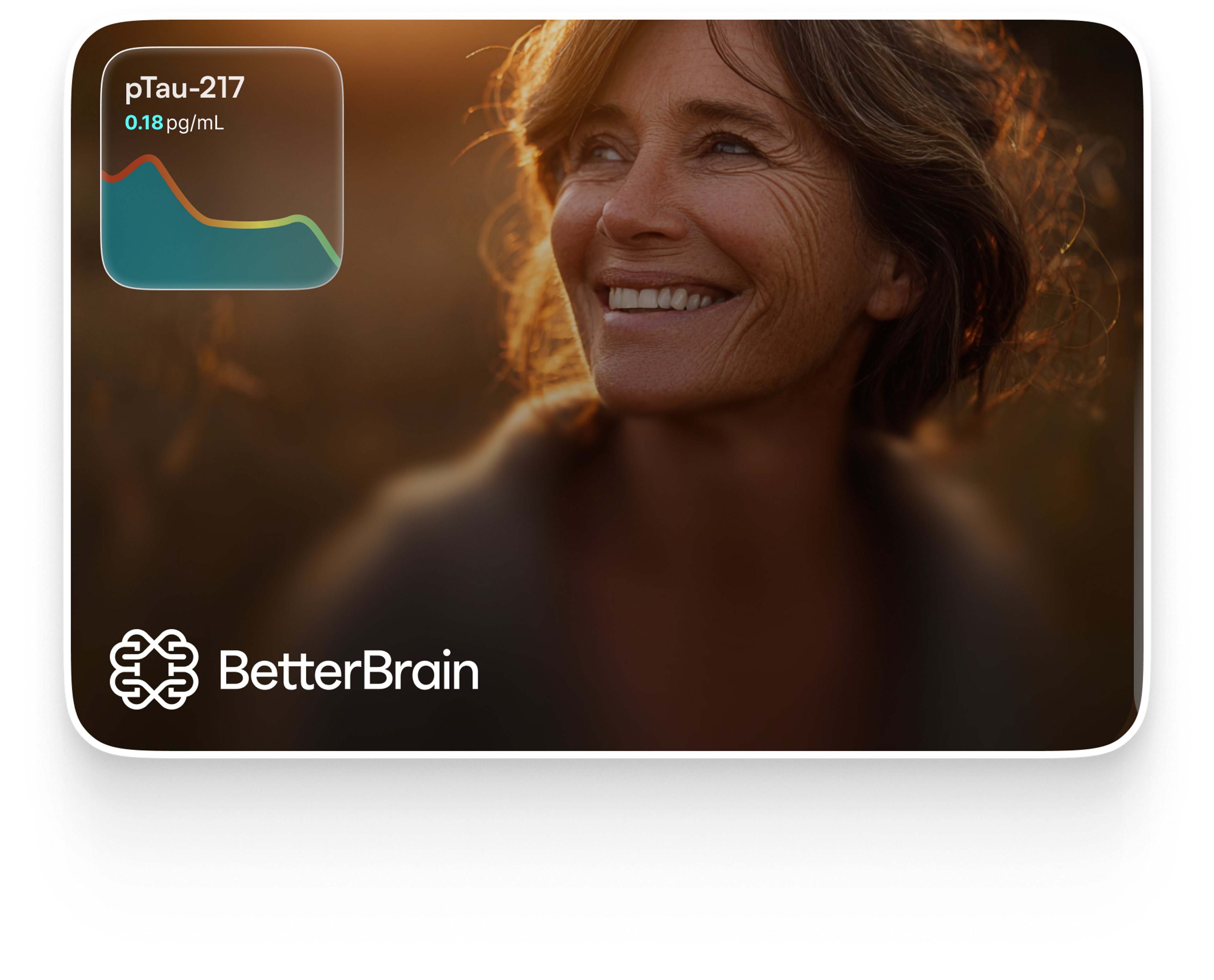 Smiling woman with a pTau-217 data display and BetterBrain logo.