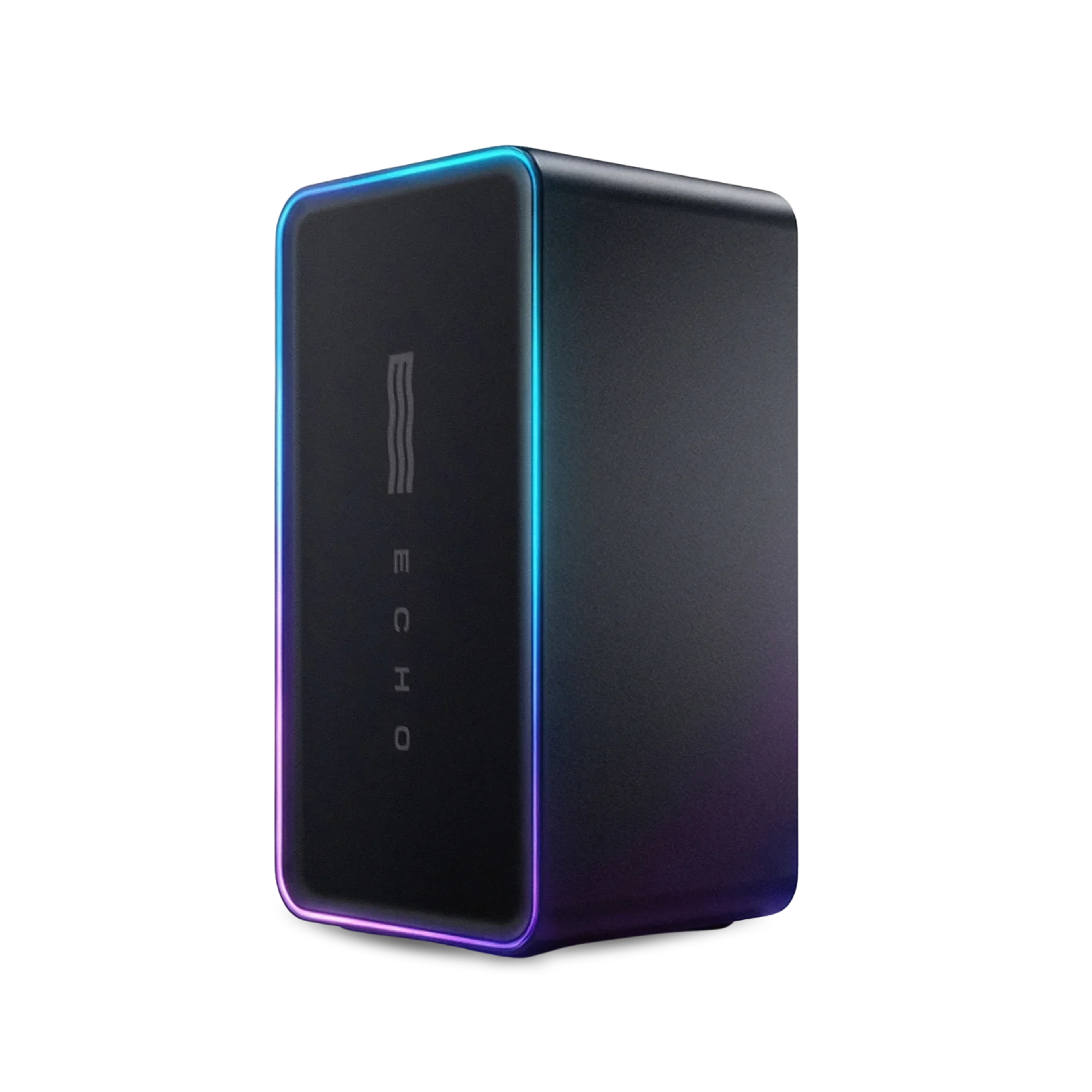 A dark gray rectangular device with glowing blue and purple lights along its edges and a vertical "ECHO" logo on the front.