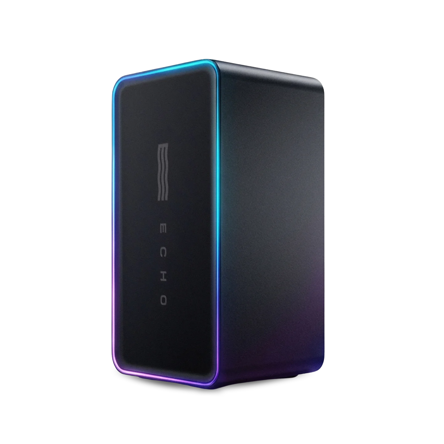 A dark gray rectangular device with glowing blue and purple lights along its edges and a vertical "ECHO" logo on the front.