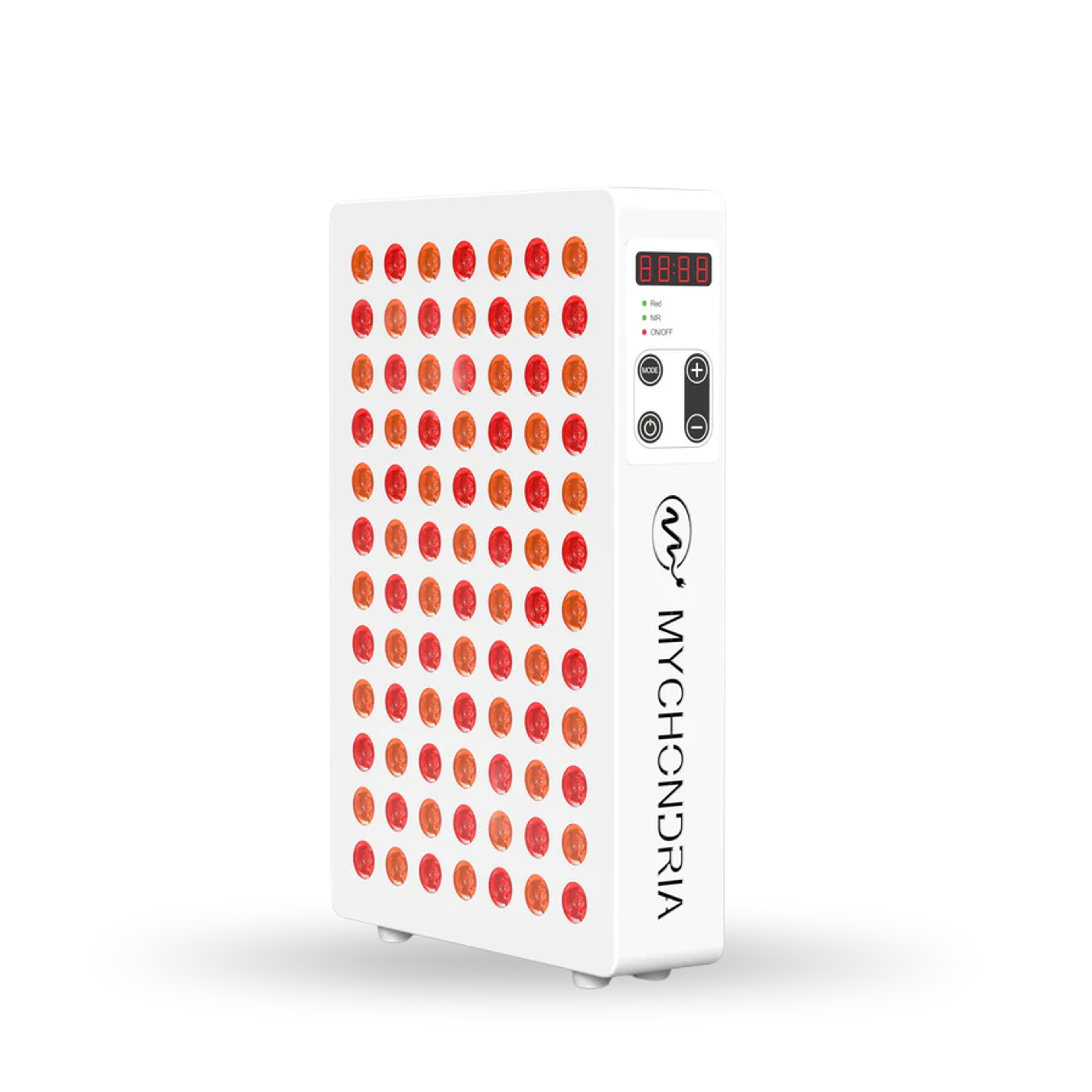 White MYCHONDRIA red light therapy device with a grid of red and orange lights.