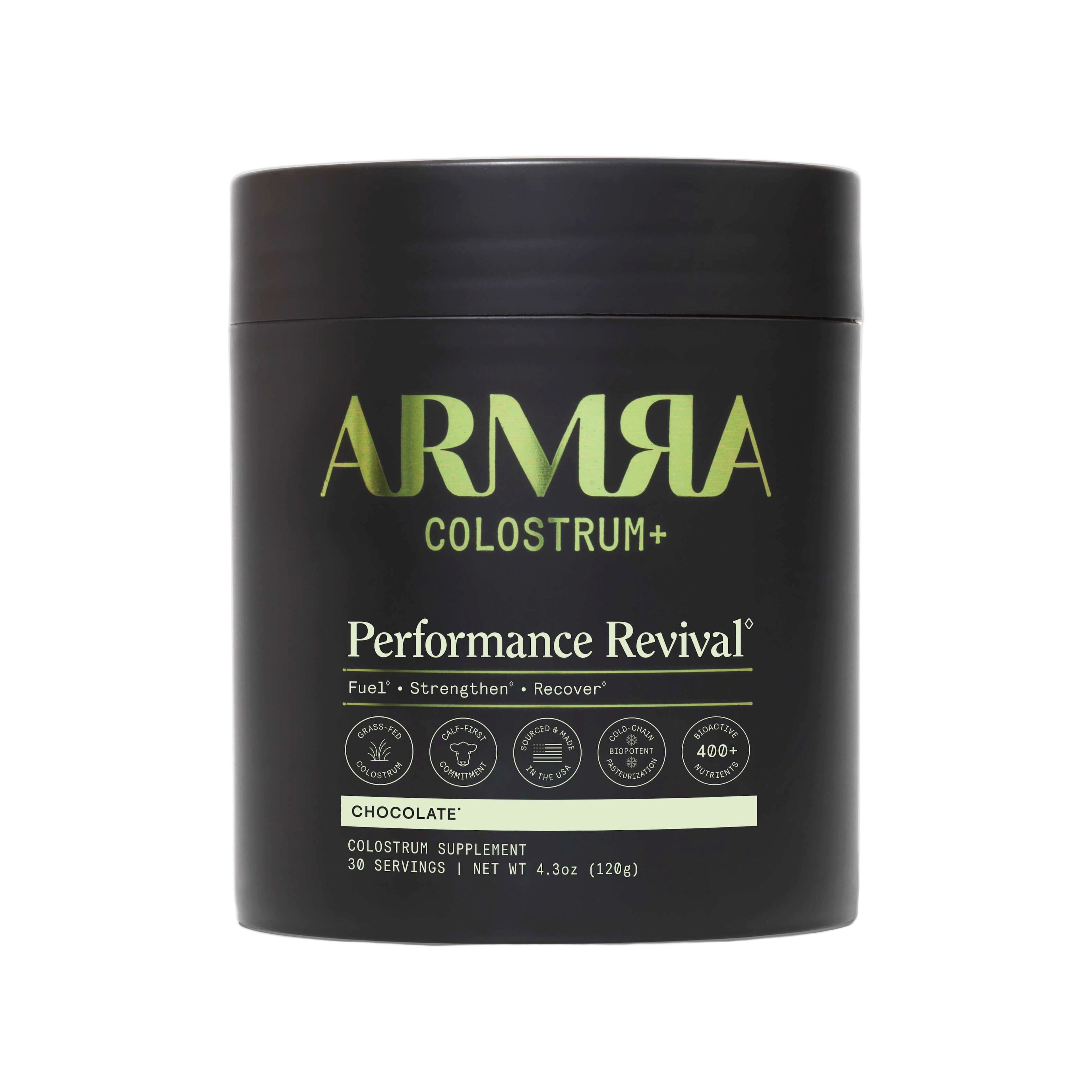 Jar of ARMRA Colostrum Performance Revival powder