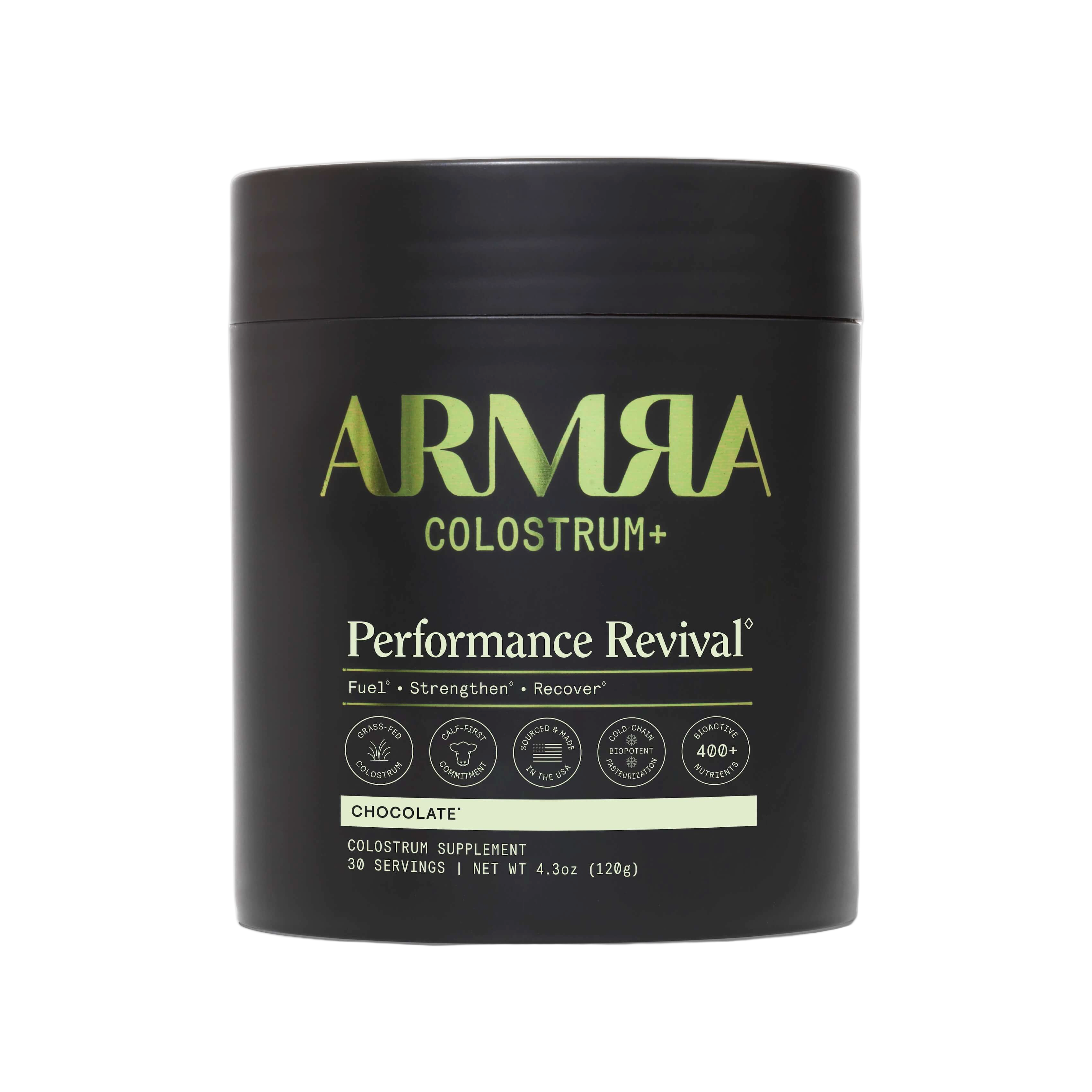 Jar of ARMRA Colostrum Performance Revival powder