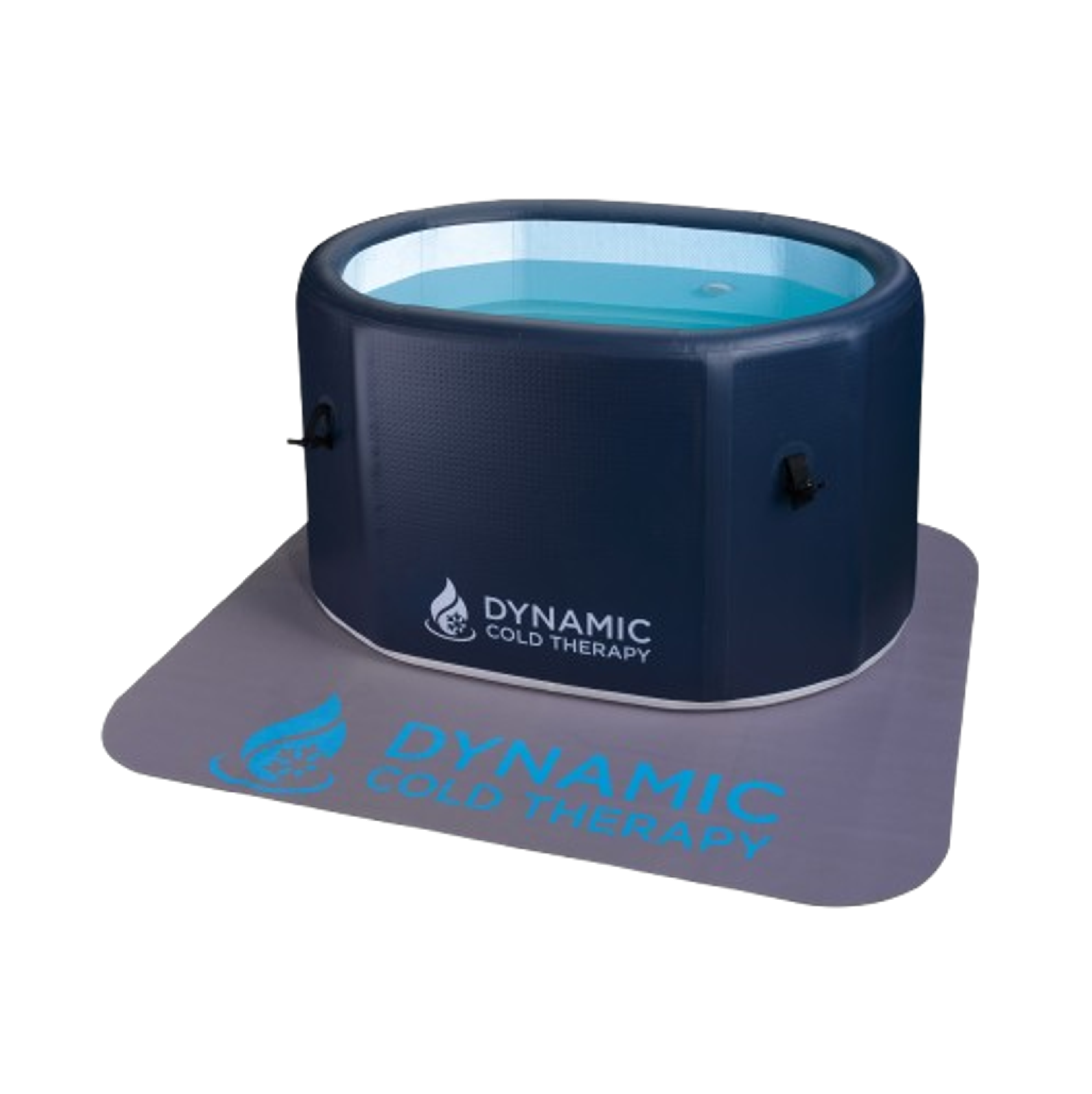 Dark blue inflatable cold therapy tub filled with water, sitting on a gray mat, both branded "DYNAMIC COLD THERAPY".
