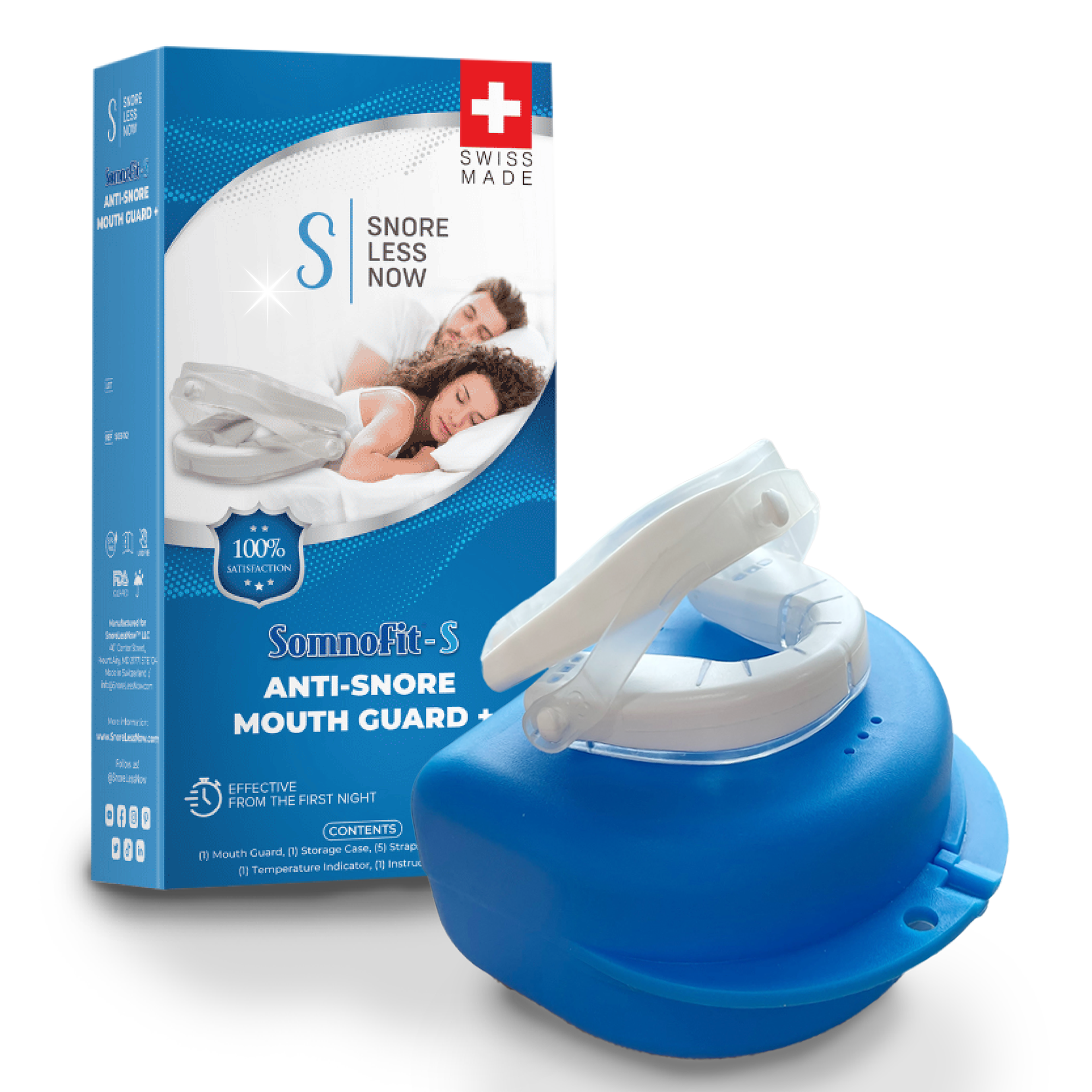 Somnofit-S Anti-Snore Mouth Guard box with the mouth guard resting in its blue storage case.