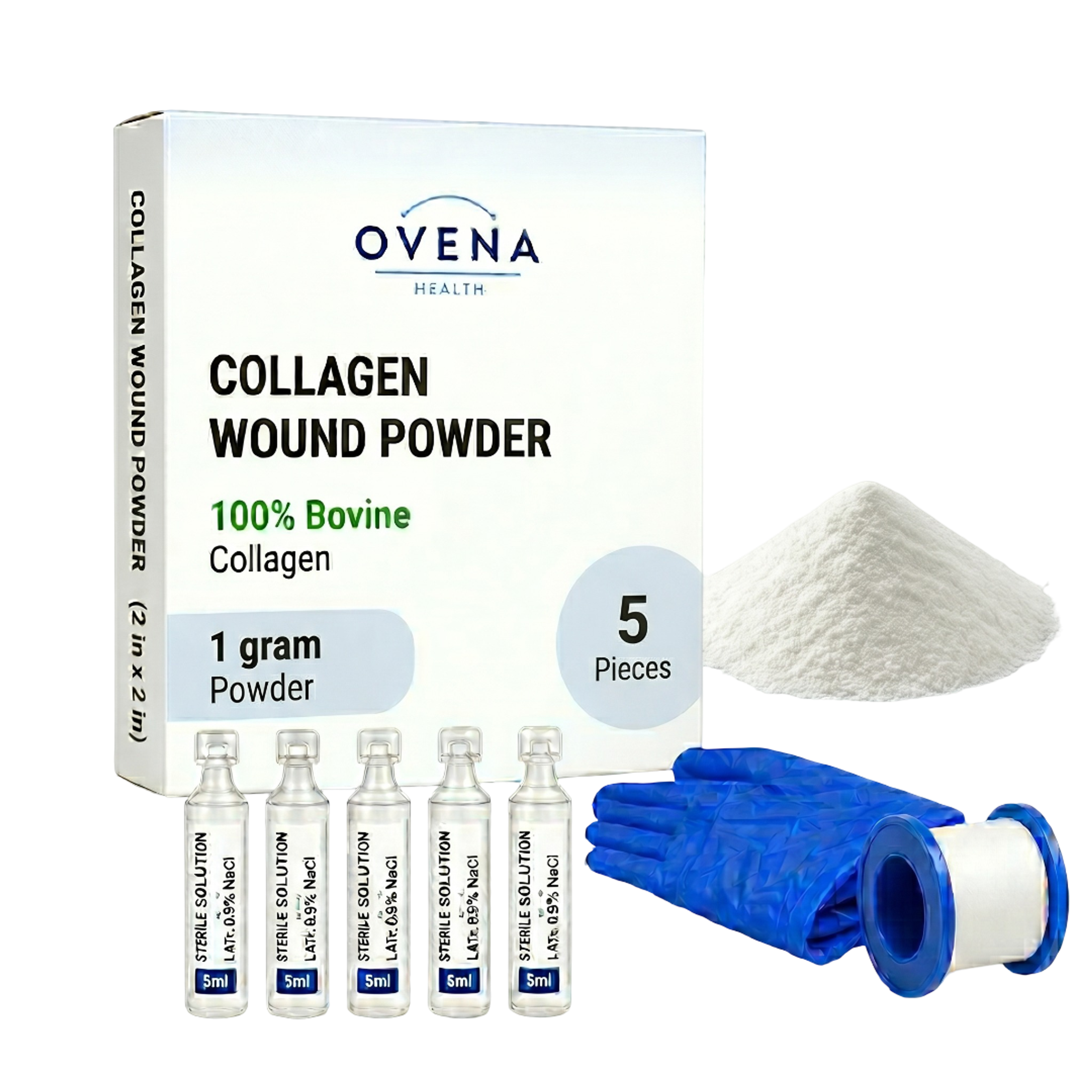 Ovena Health Complete Wound Care Kit with Collagen Powder 1 Gram - Includes FDA 510(k)-Cleared Collagen Powder, Sterile Saline Wash, Medical Tape and Gloves - Supplies for Tunneling and Deep Wounds