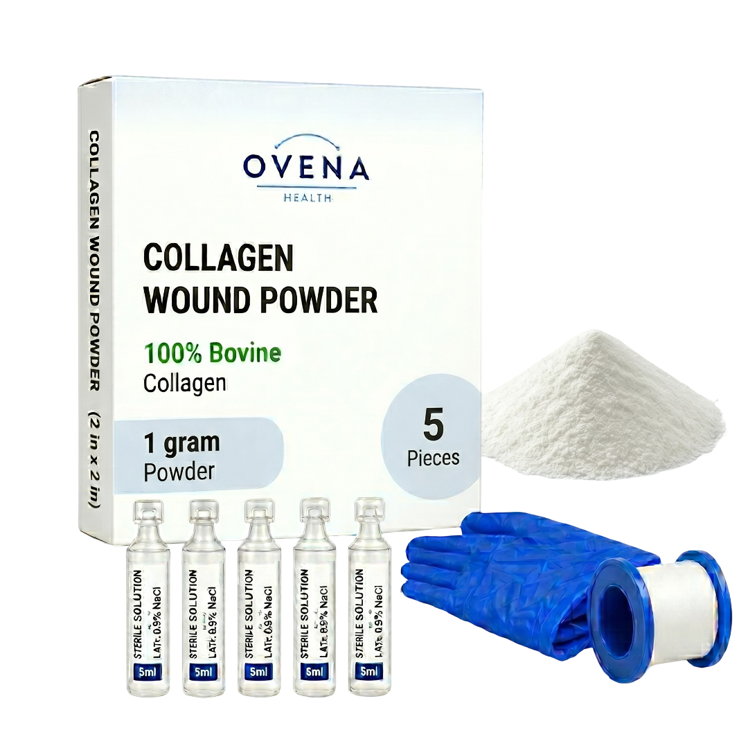 Ovena Health Complete Wound Care Kit with Collagen Powder 1 Gram - Includes FDA 510(k)-Cleared Collagen Powder, Sterile Saline Wash, Medical Tape and Gloves - Supplies for Tunneling and Deep Wounds