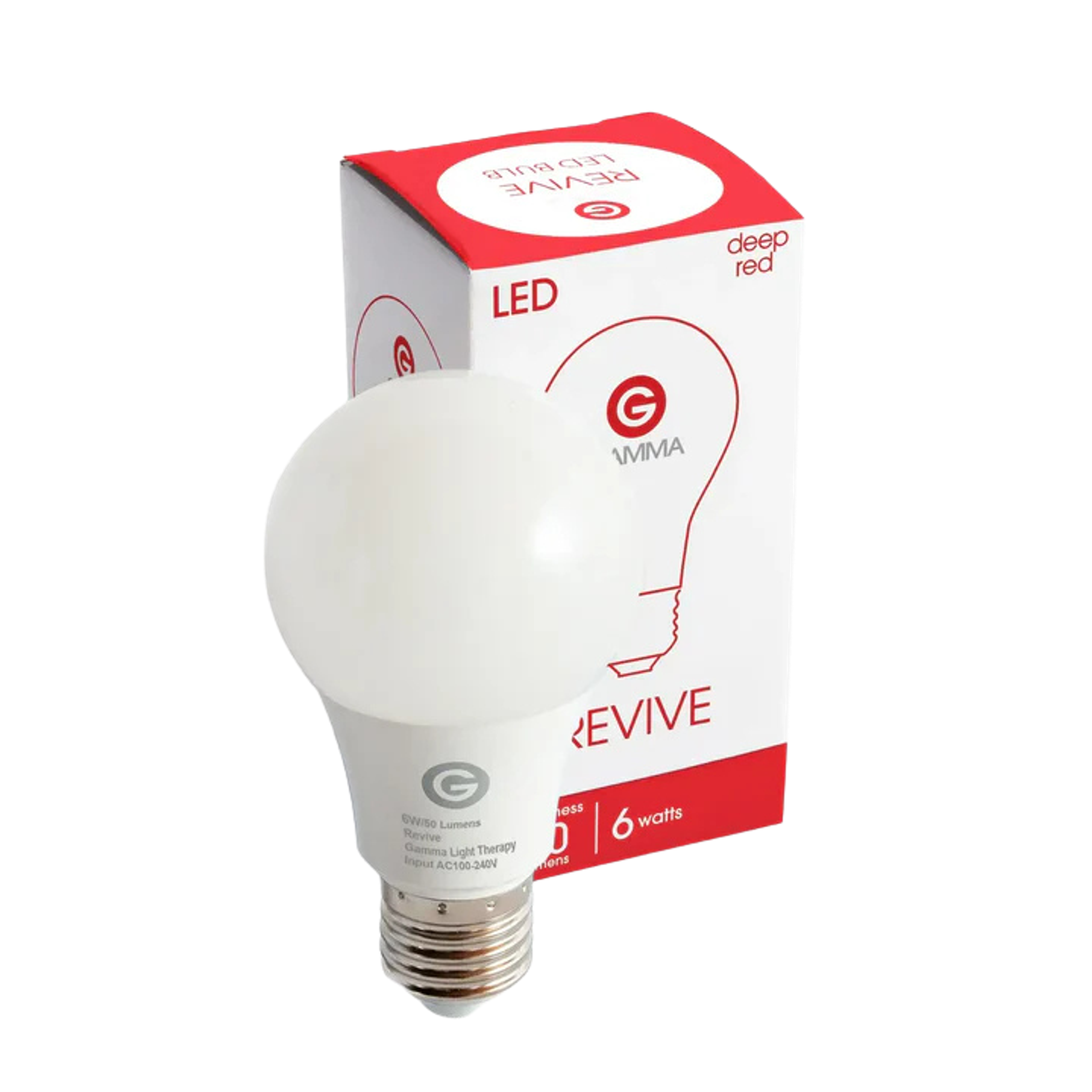 A white Gamma Revive deep red LED light bulb next to its red and white box.