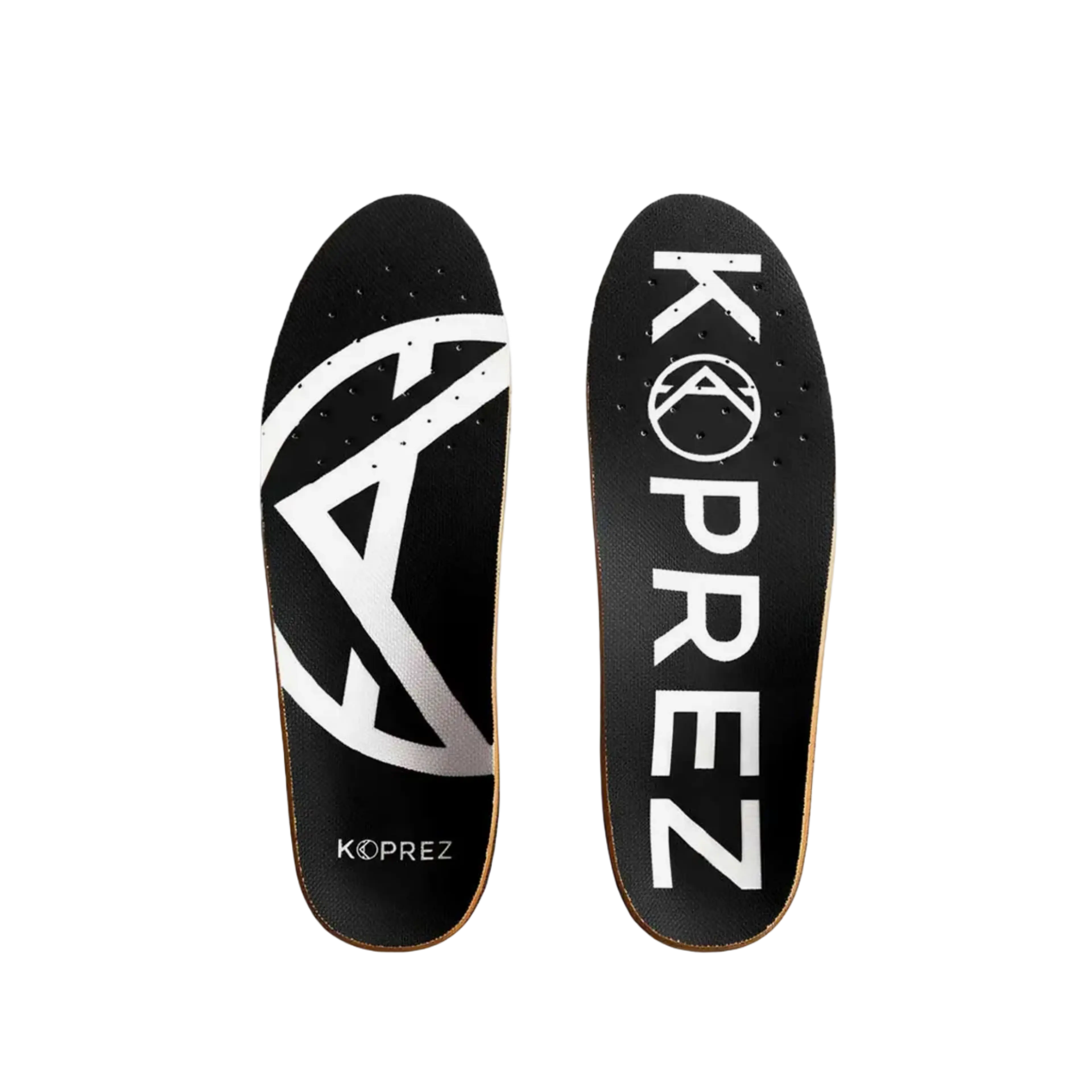 Two black KOPREZ shoe insoles with white branding and perforations.