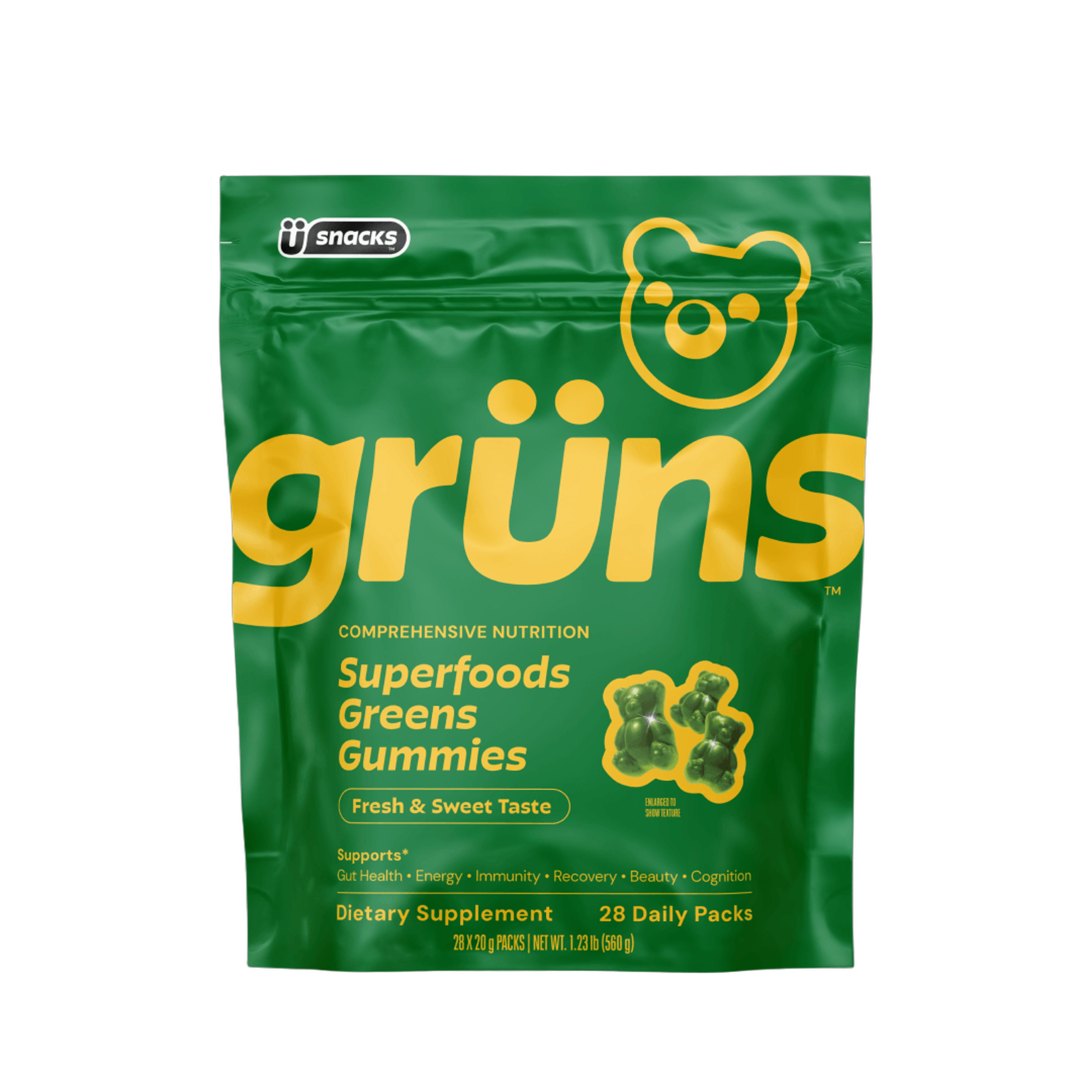 Green pouch of grüns Superfoods Greens Gummies, showing green bear-shaped gummies.
