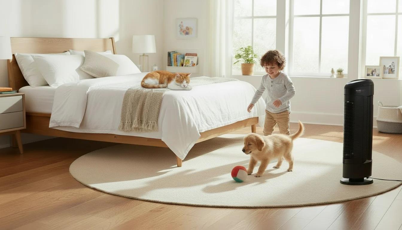 A child plays with a puppy and a ball on a rug in a bedroom, with a cat sleeping on the bed and a black tower fan.