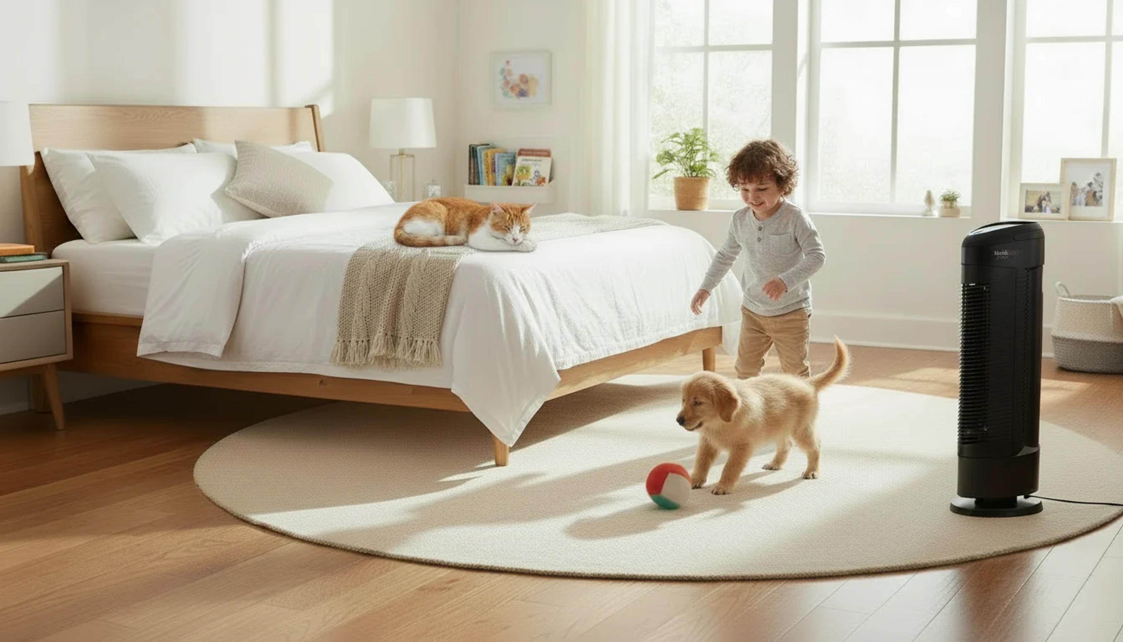A child plays with a puppy and a ball on a rug in a bedroom, with a cat sleeping on the bed and a black tower fan.