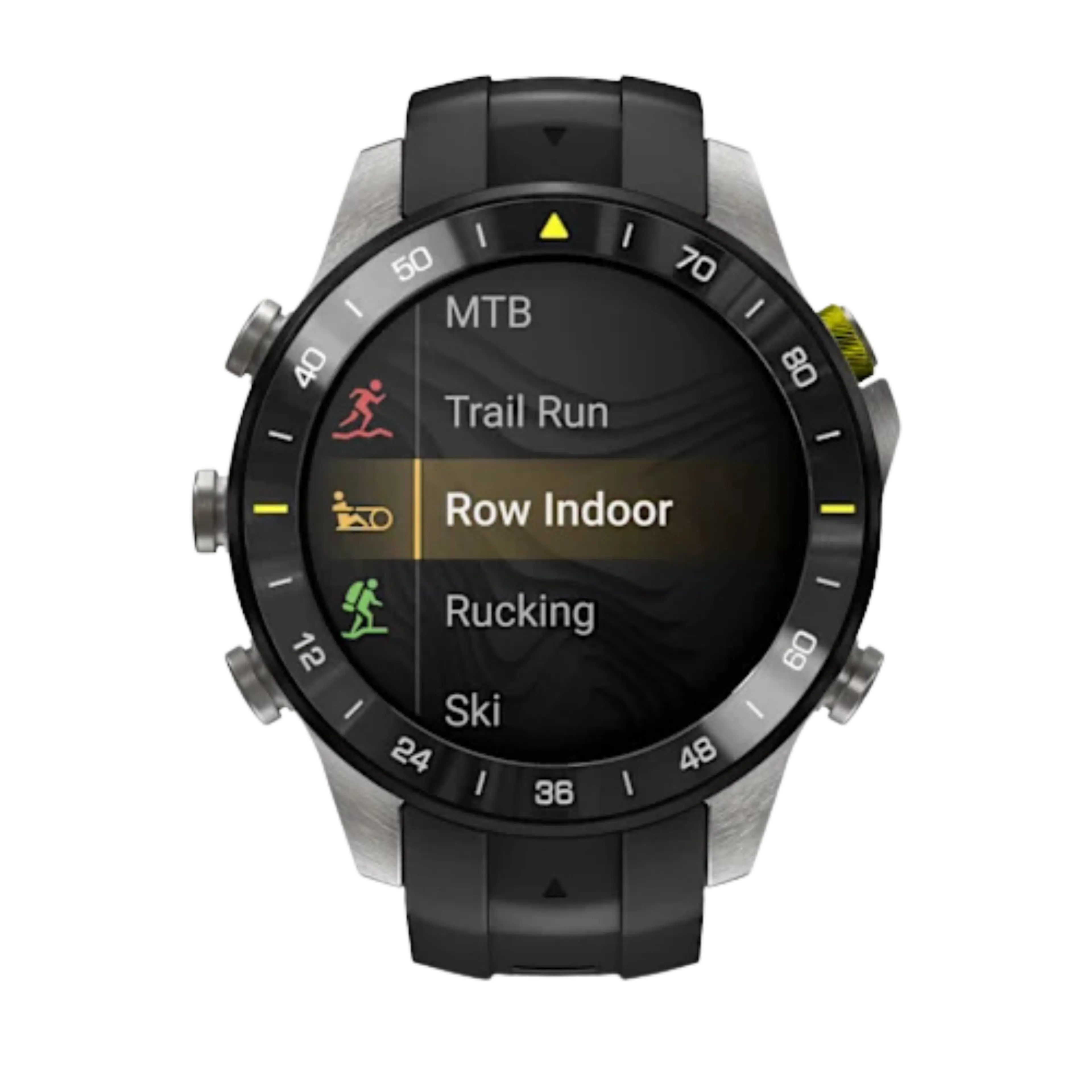 A smartwatch displaying a fitness activity selection menu with "Row Indoor" highlighted.