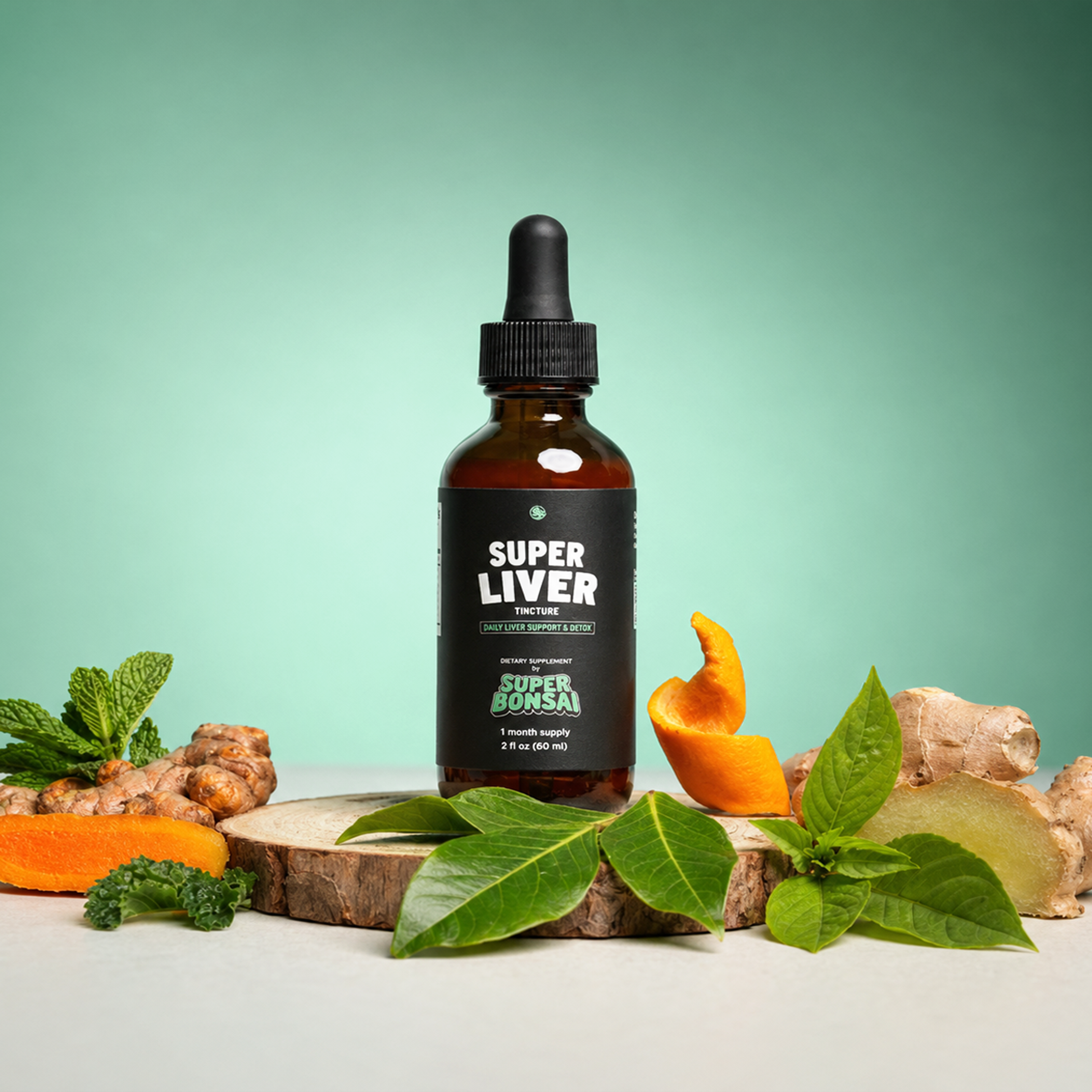 Super Bonsai Super Liver Tincture bottle with ginger, turmeric, mint, orange peel, and leaves.