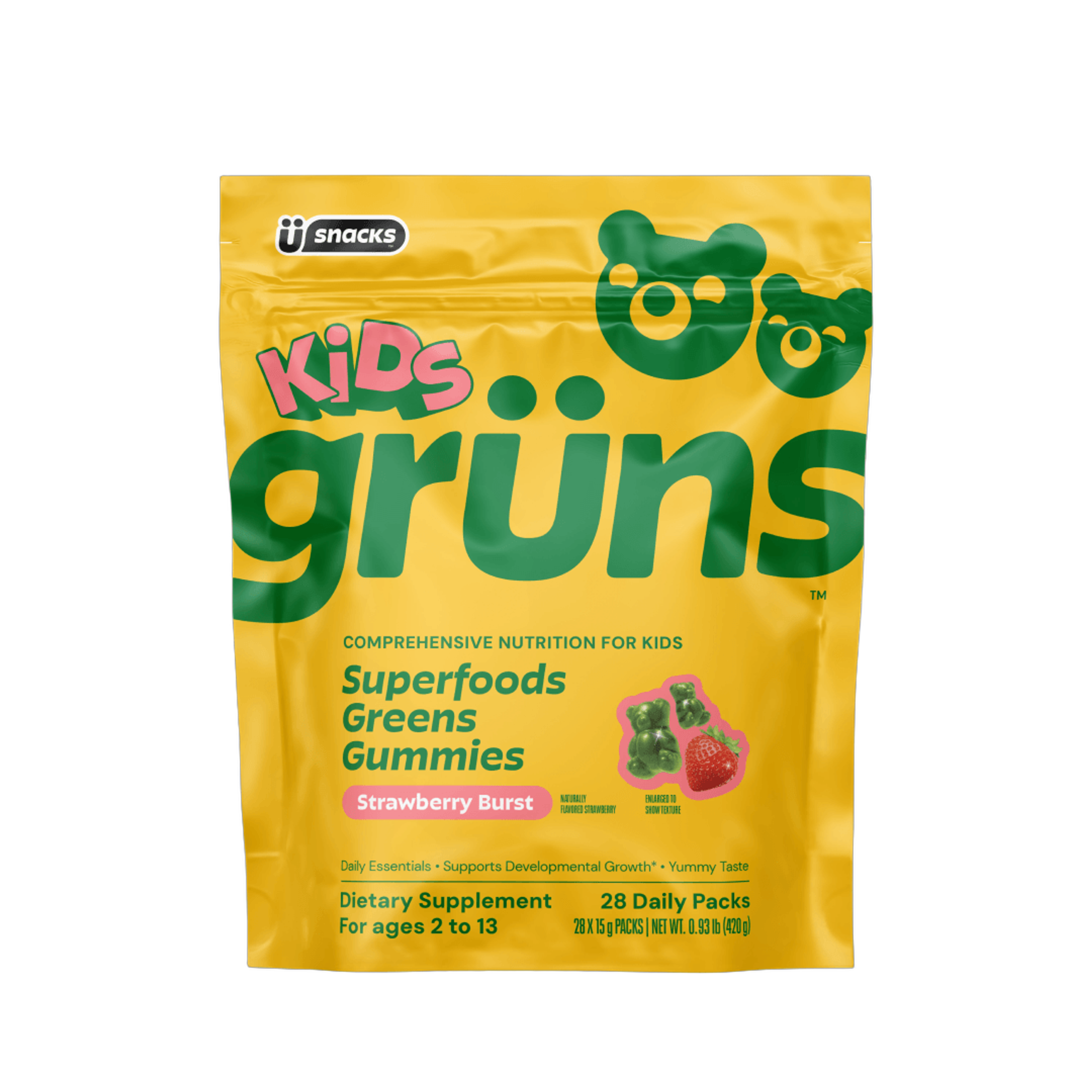 Yellow pouch of Kids grüns Superfoods Greens Gummies, Strawberry Burst flavor, featuring green gummy bears and a strawberry.