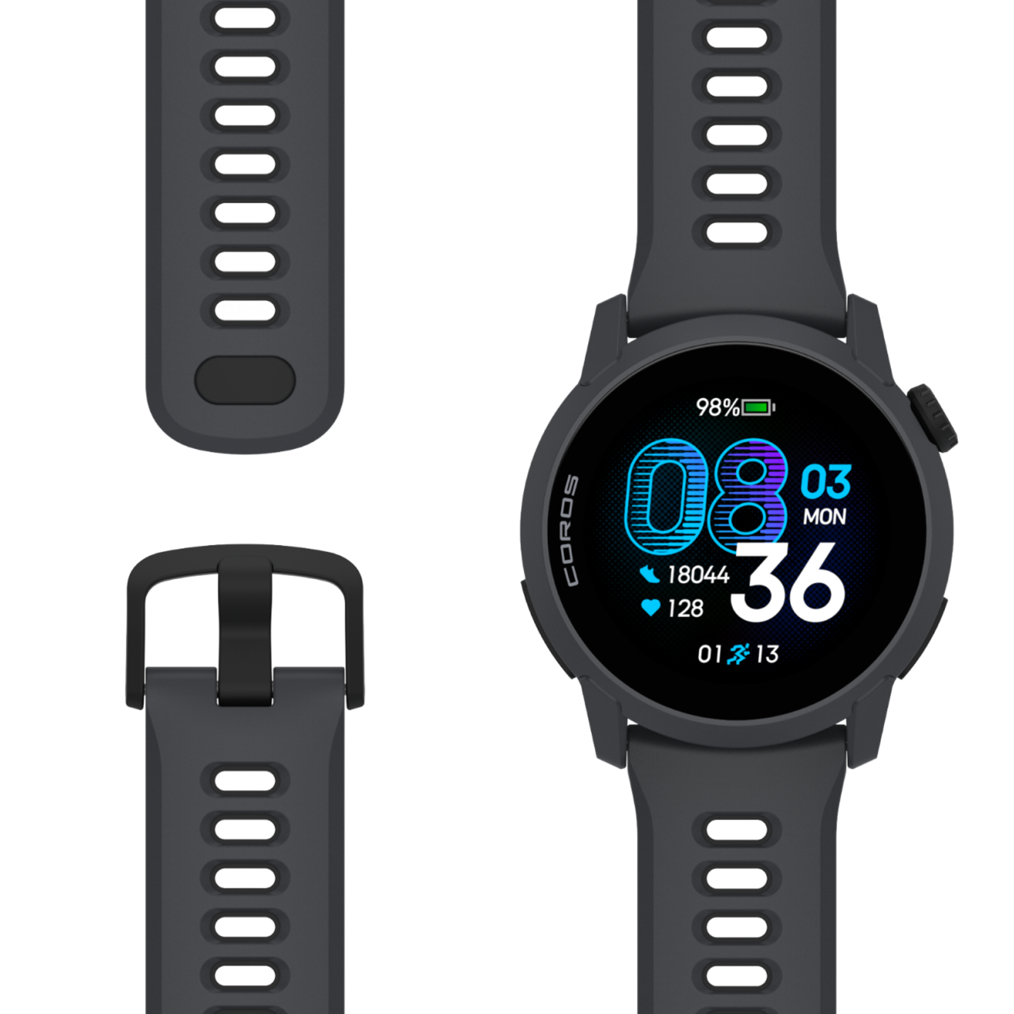 Full view of the COROS PACE 4 GPS Watch Black Watch Body with Black Silicone Band