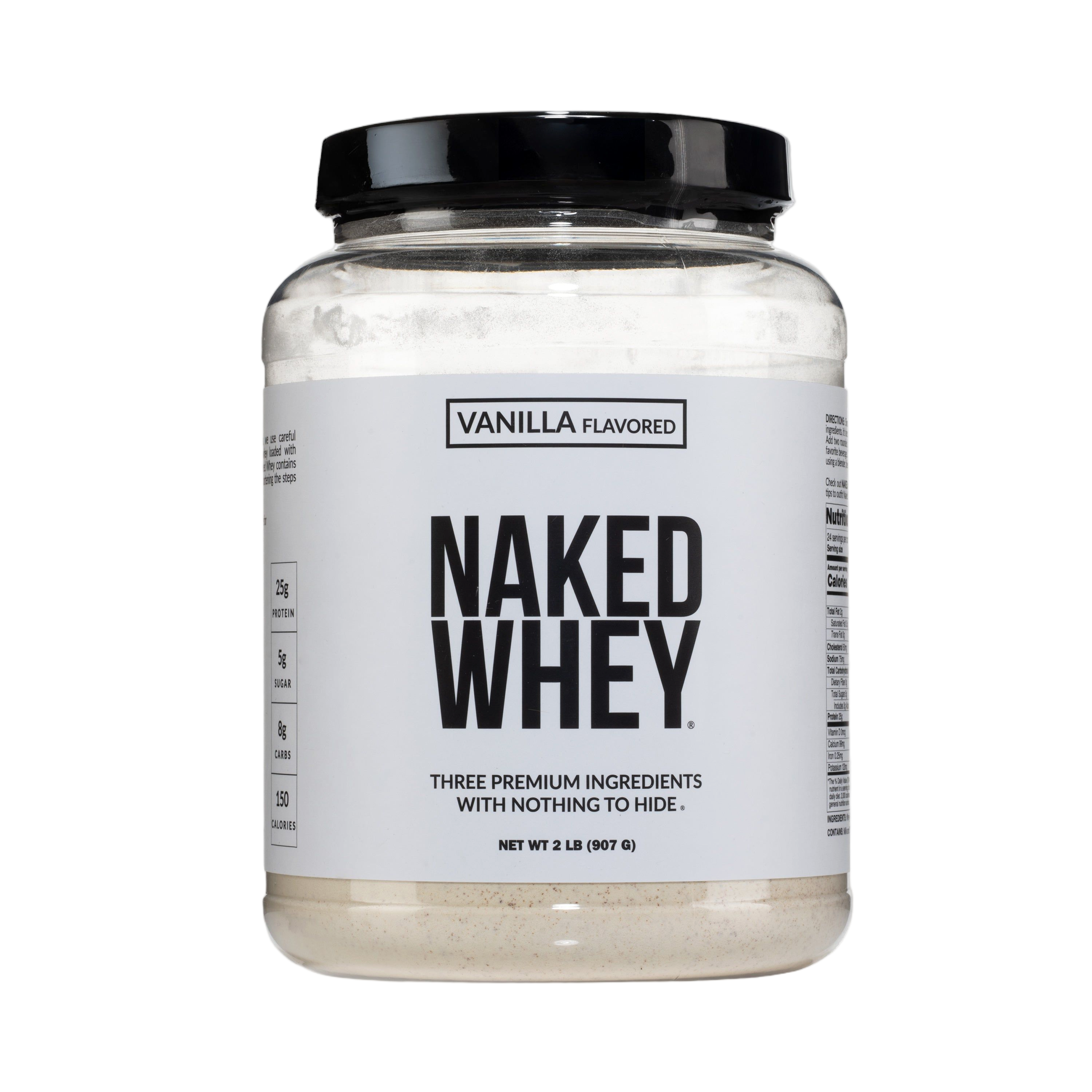 Container of vanilla whey protein powder isolate