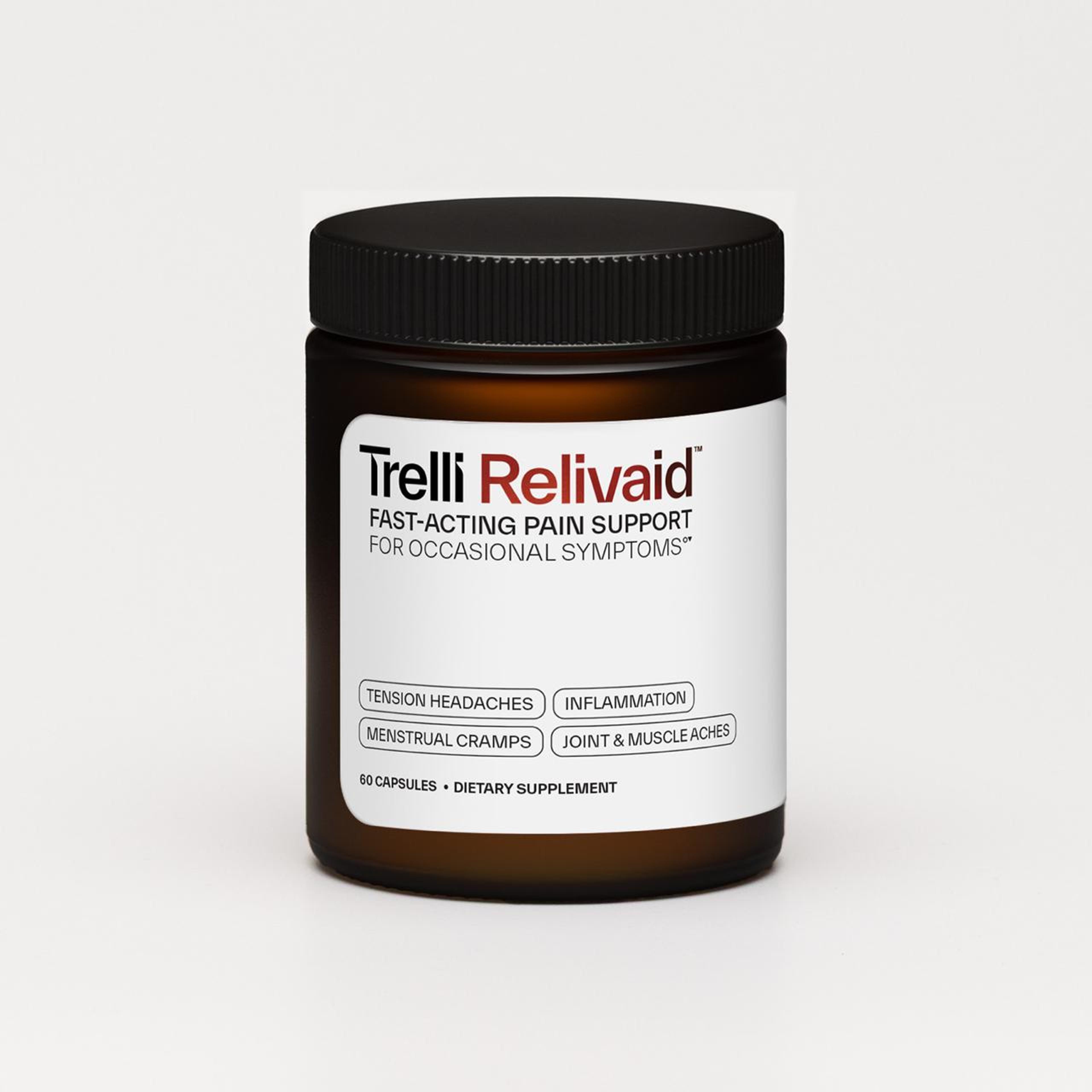 A brown bottle with a black lid of Trelli Relivaid Fast-Acting Pain Support dietary supplement, targeting tension headaches, inflammation, menstrual cramps, and joint & muscle aches.
