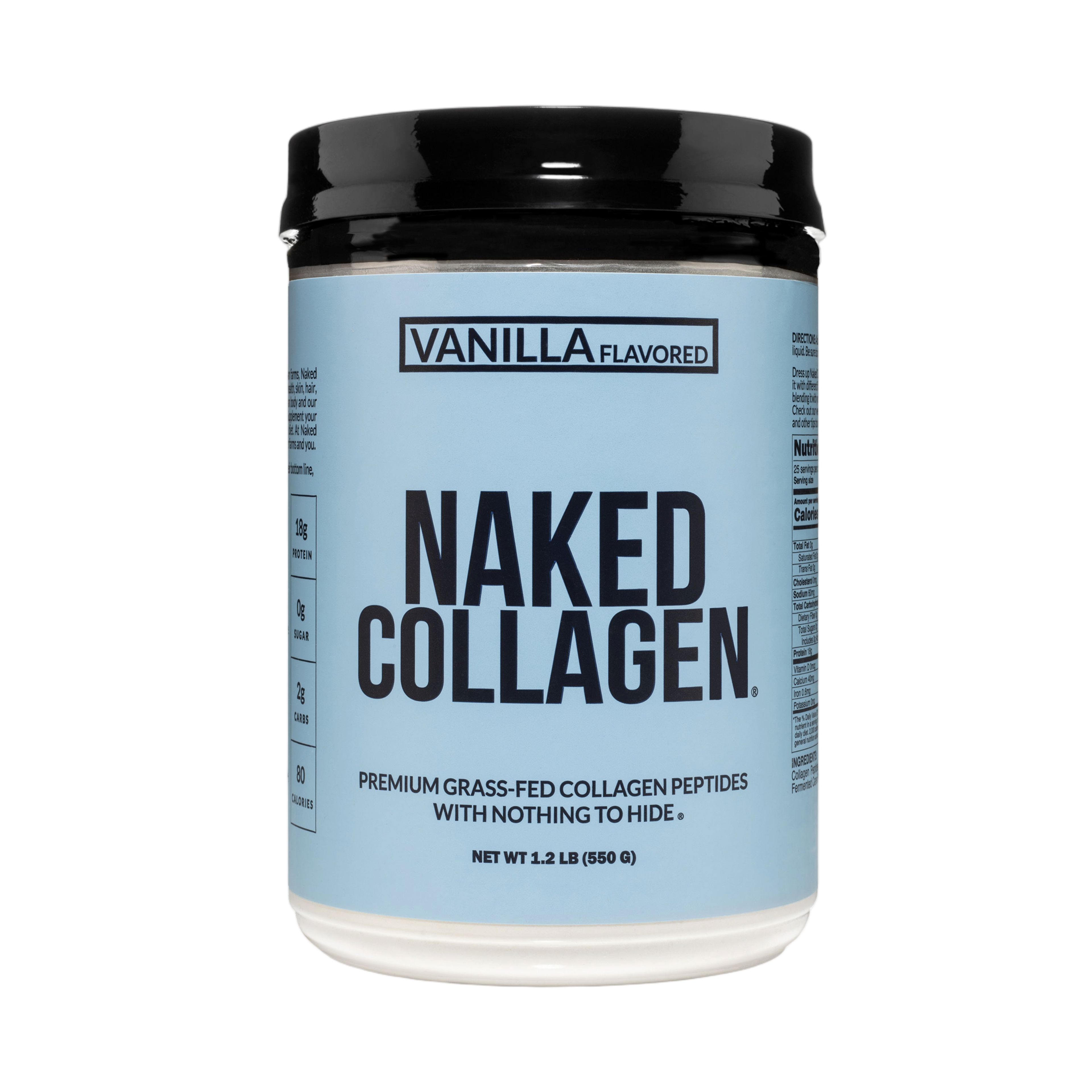 Vanilla collagen peptides tub label, GMO-free, gluten-free, no additives