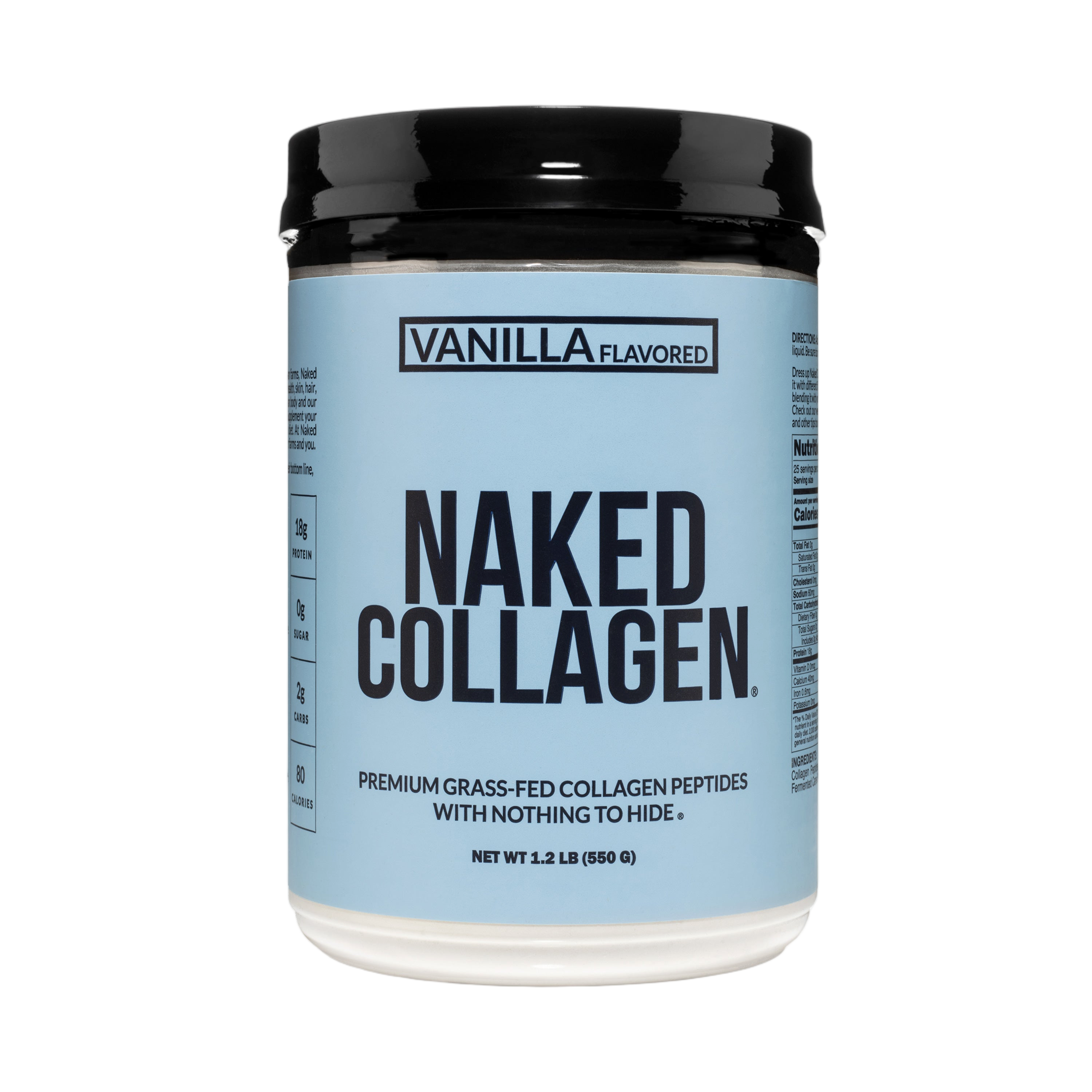 Vanilla collagen peptides tub label, GMO-free, gluten-free, no additives