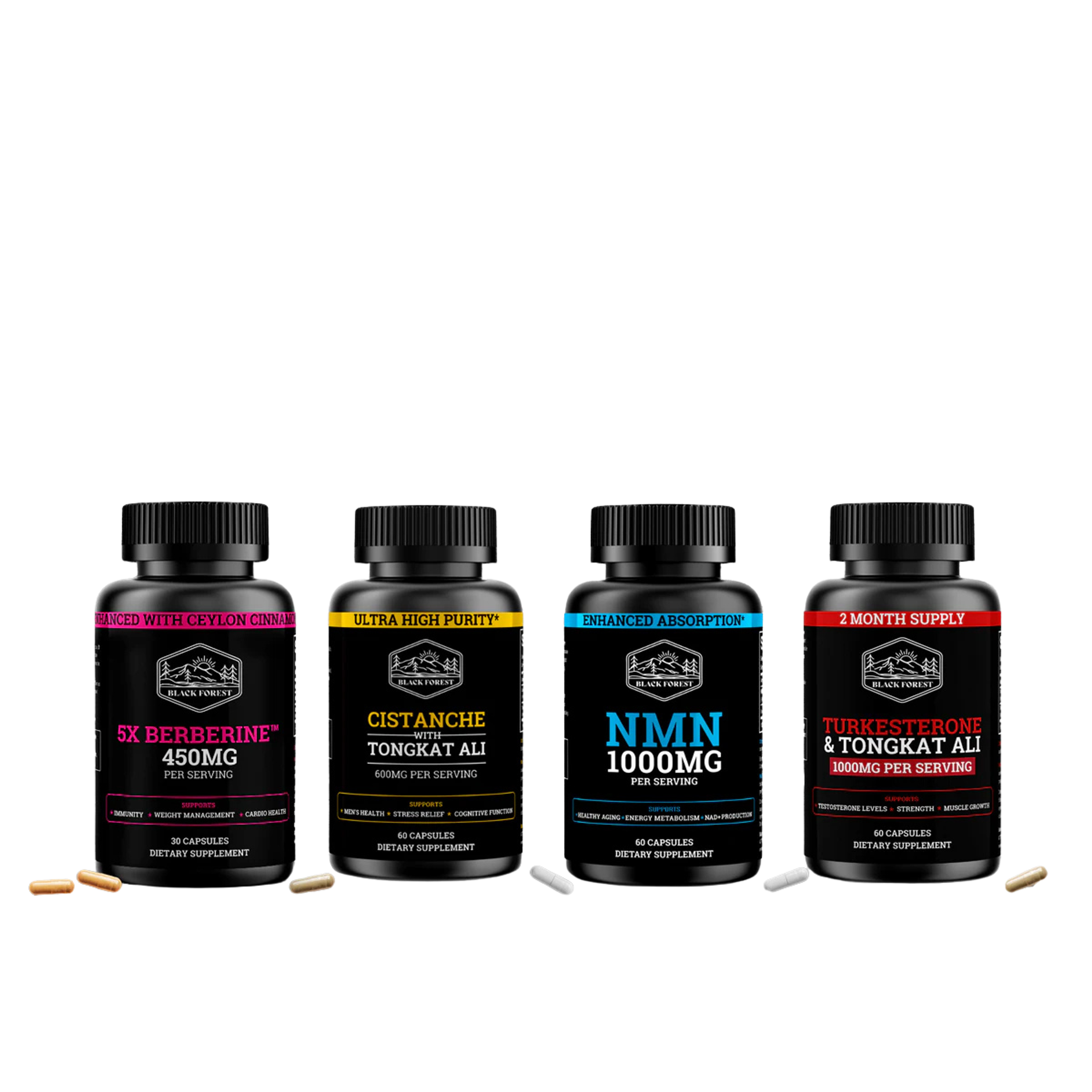 Four Black Forest brand supplement bottles: 5X Berberine, Cistanche with Tongkat Ali, NMN, and Turkesterone & Tongkat Ali, with capsules visible.
