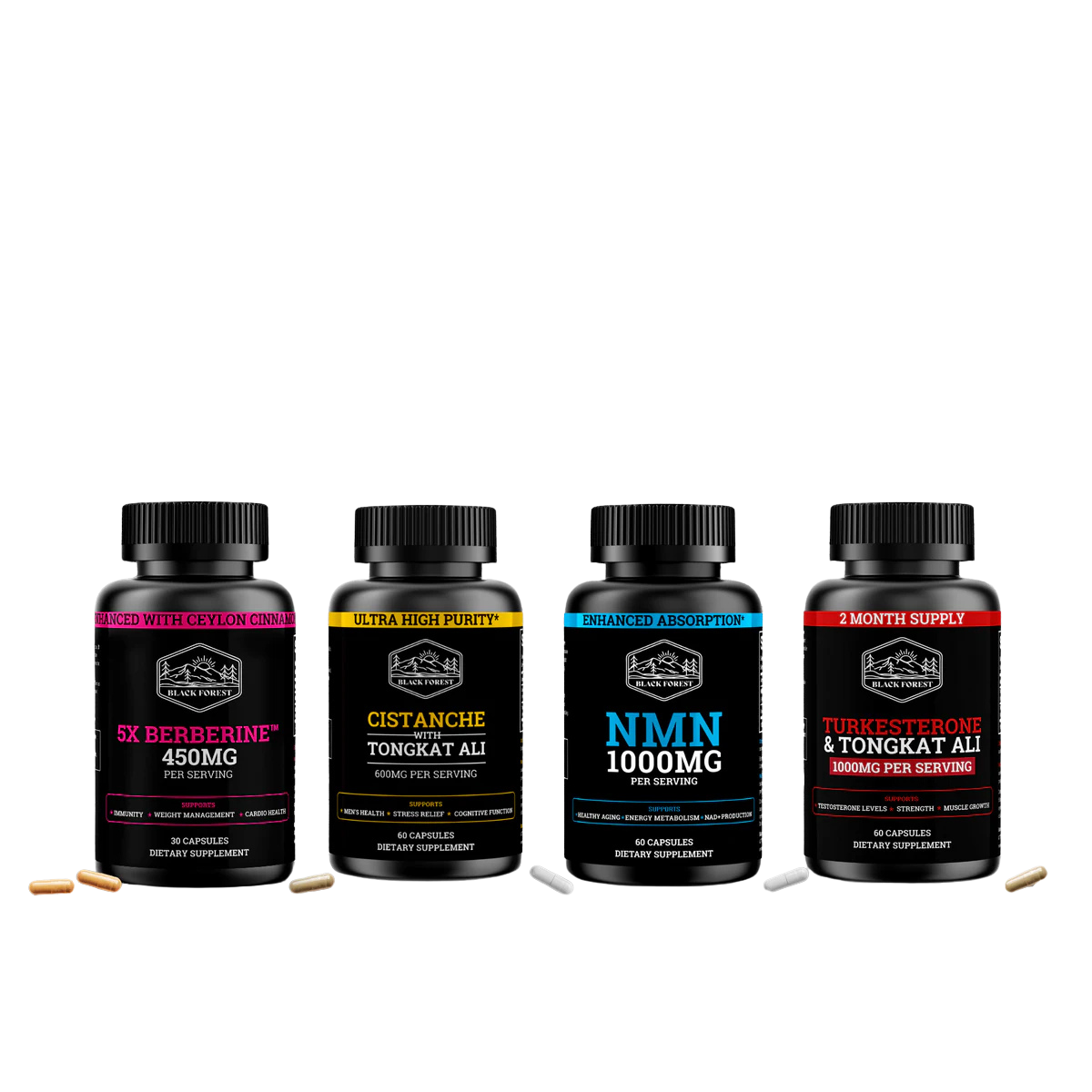 Four Black Forest brand supplement bottles: 5X Berberine, Cistanche with Tongkat Ali, NMN, and Turkesterone & Tongkat Ali, with capsules visible.