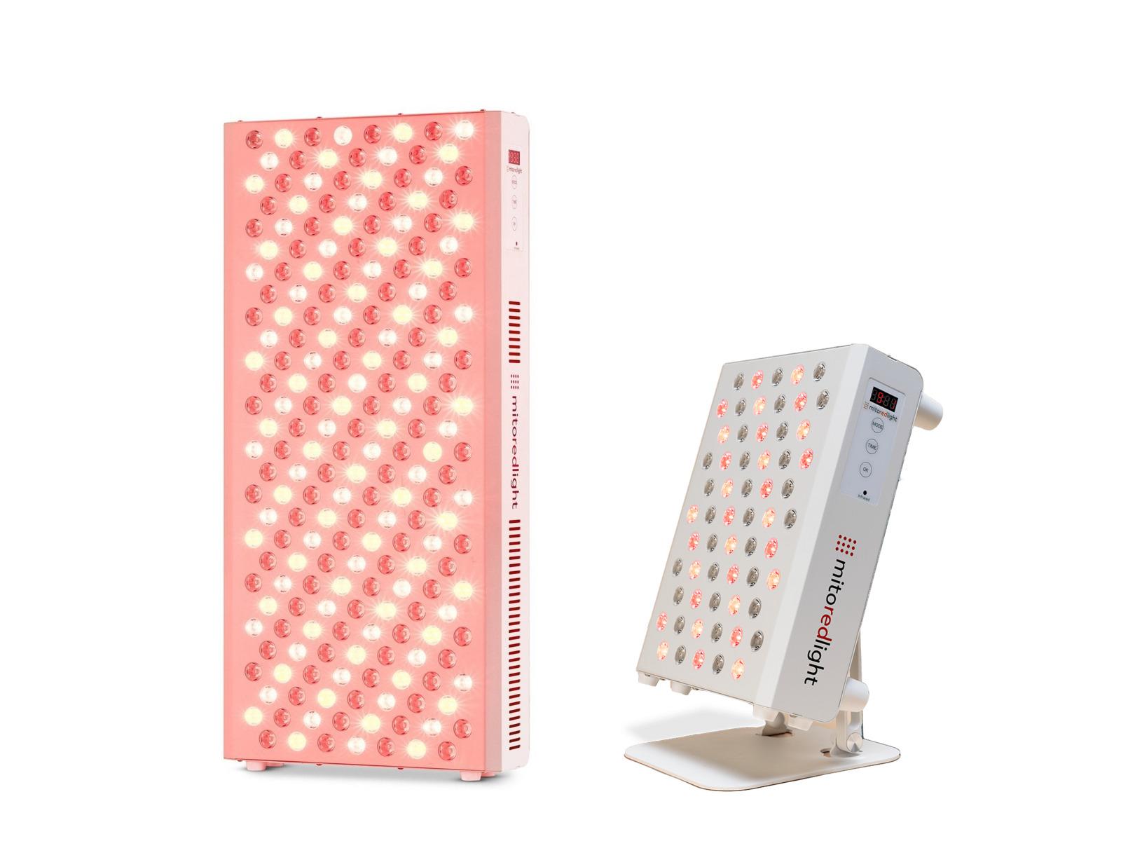 Two Mito Red Light therapy panels, one large upright and one smaller on a stand, illuminated with red and near-infrared LEDs.