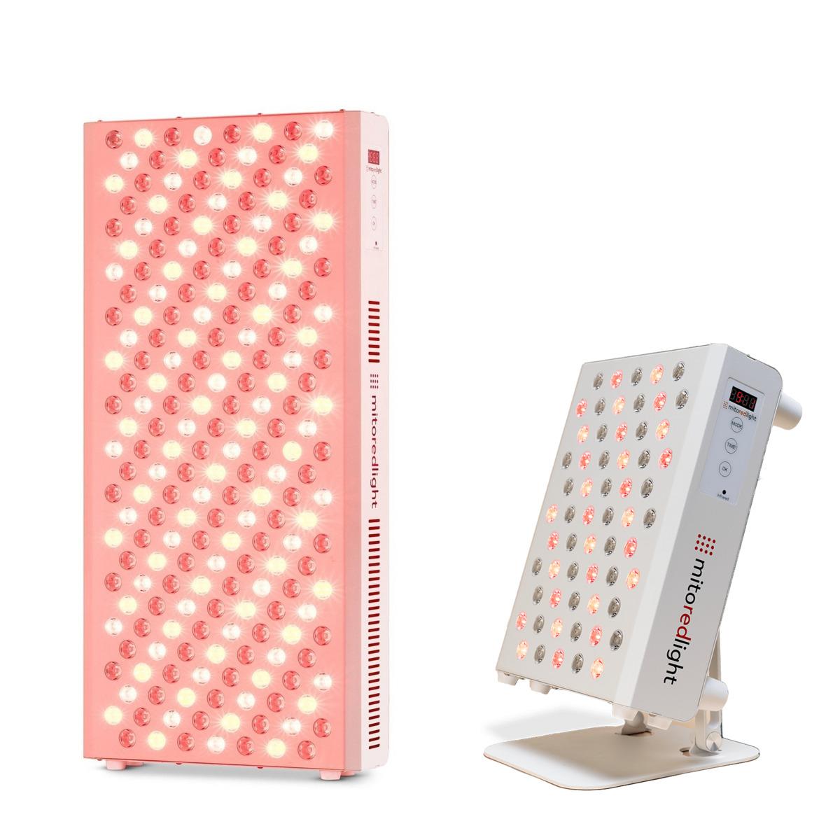 Two Mito Red Light therapy panels, one large upright and one smaller on a stand, illuminated with red and near-infrared LEDs.