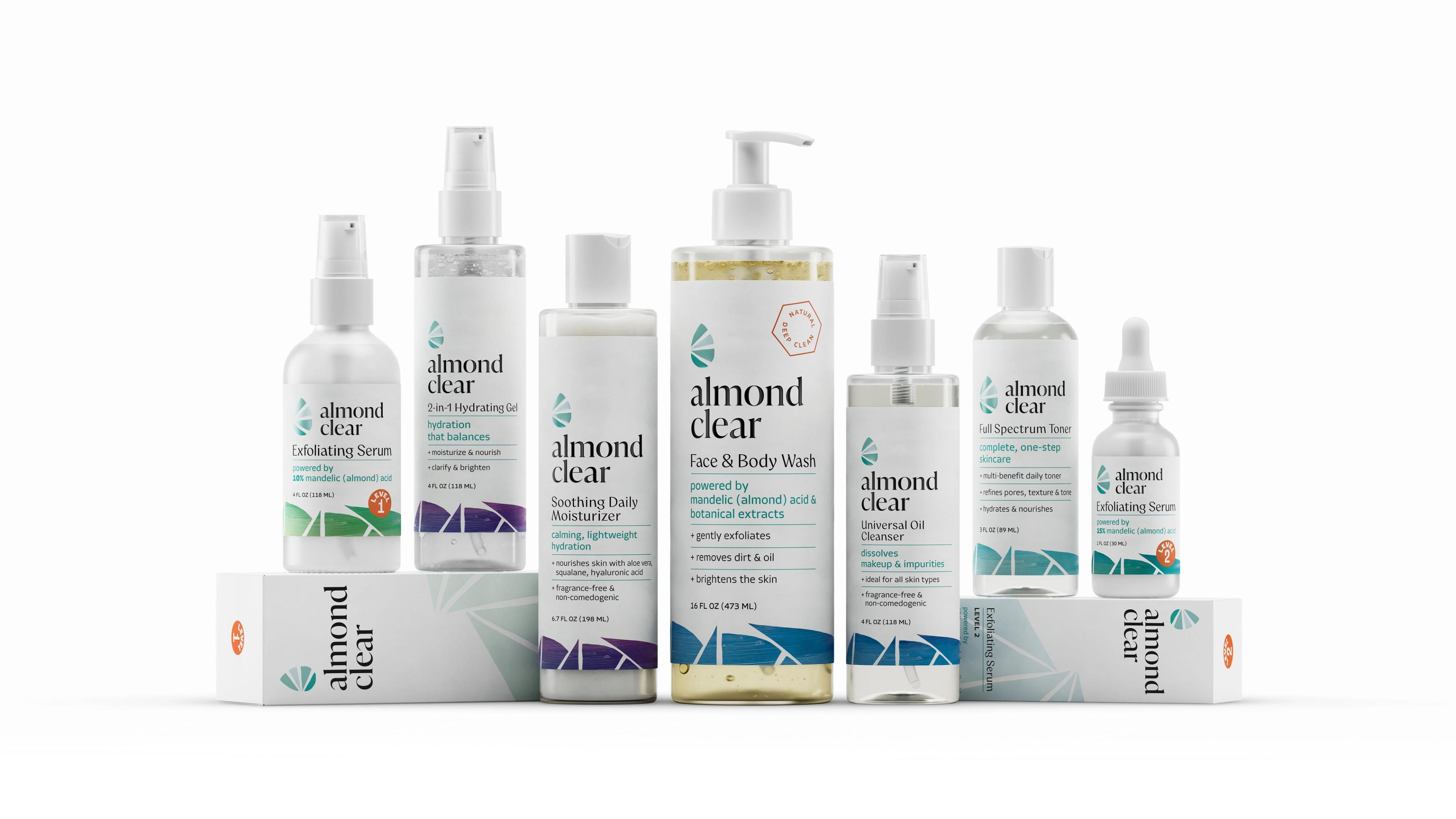 Almond Clear skincare products, including serums, cleansers, and moisturizers, displayed on a white background.