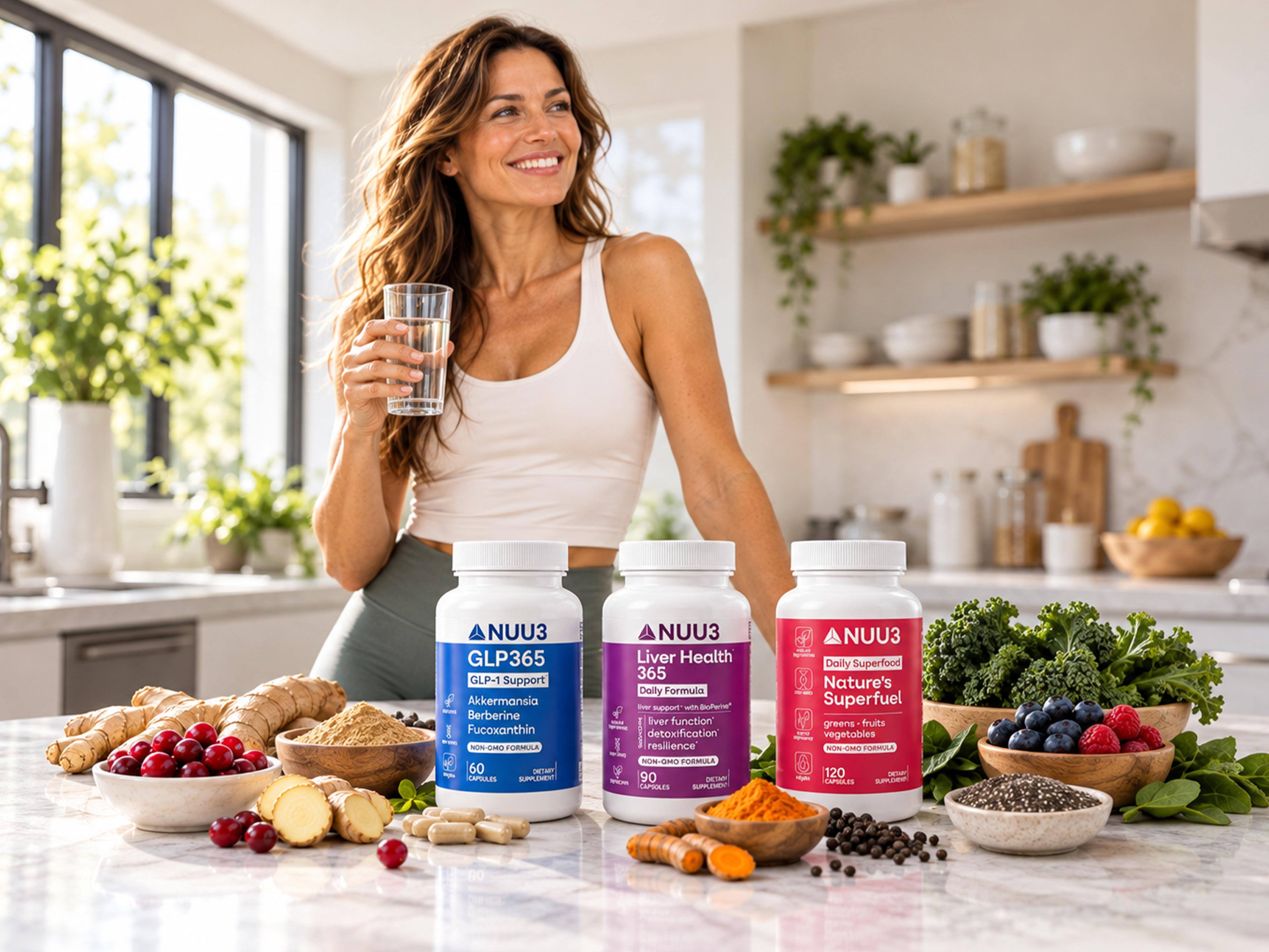 Smiling woman holding water in a kitchen with NUU3 supplements, ginger, cranberries, and greens on the counter.