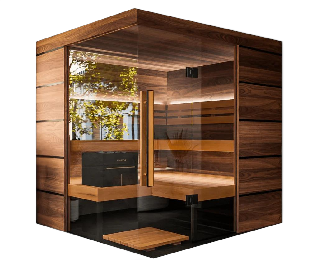 ThermaSol Astra - Glass and Wood Panel Corner Layout, 3-4 Person, Indoor Sauna