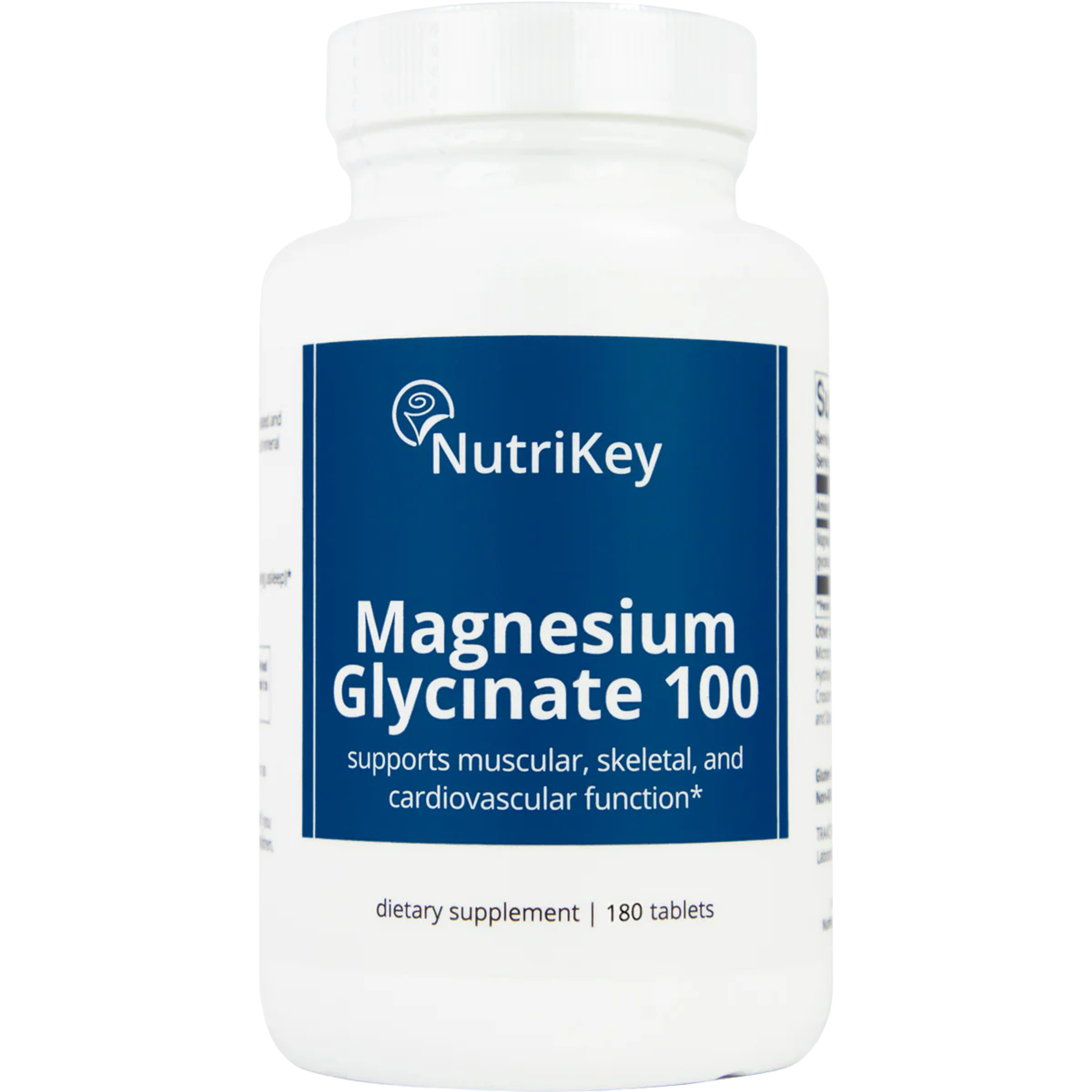 NutriKey Magnesium Glycinate 100 dietary supplement in a white bottle, 180 tablets.