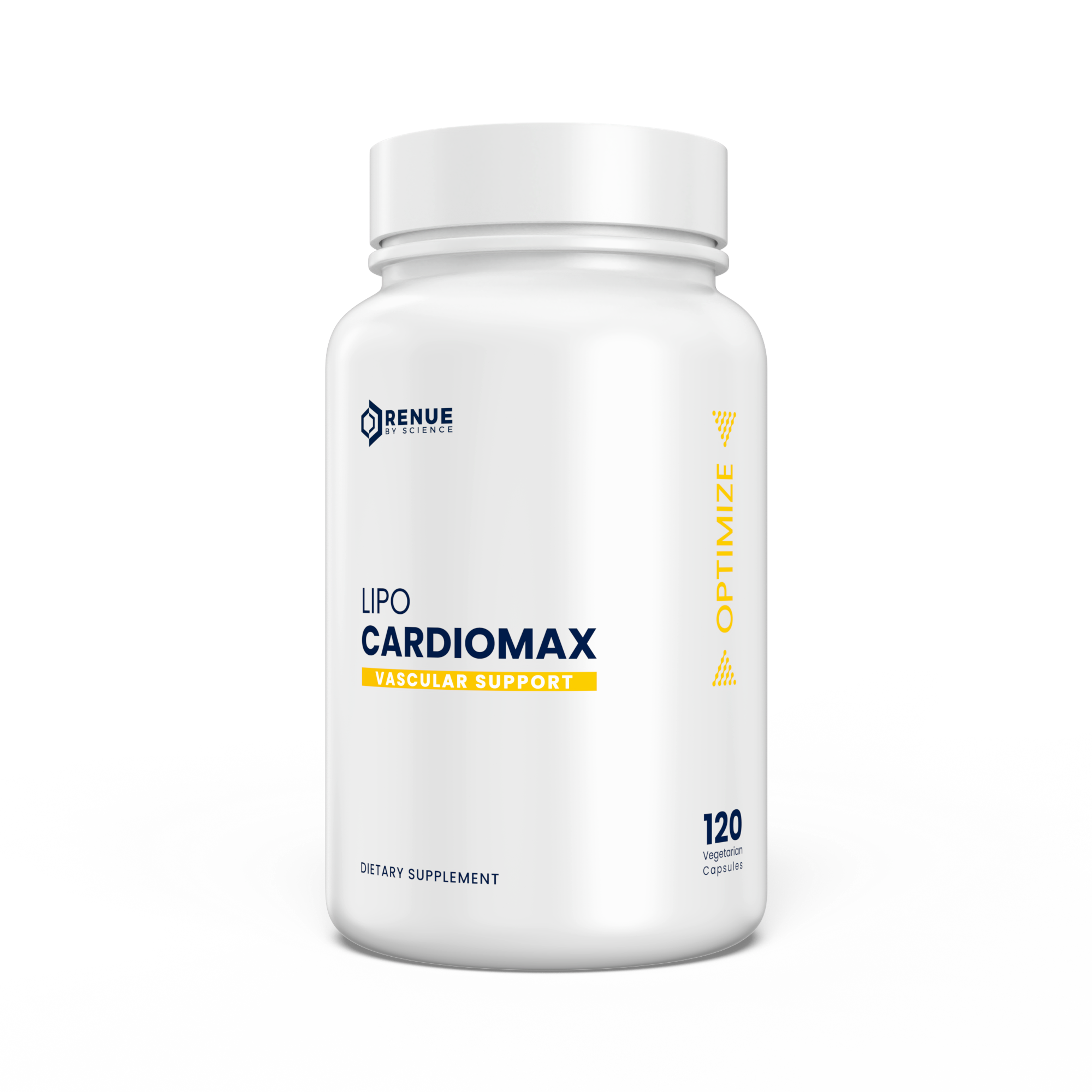 White bottle of Renue By Science Lipo Cardiomax Vascular Support dietary supplement with 120 vegetarian capsules.