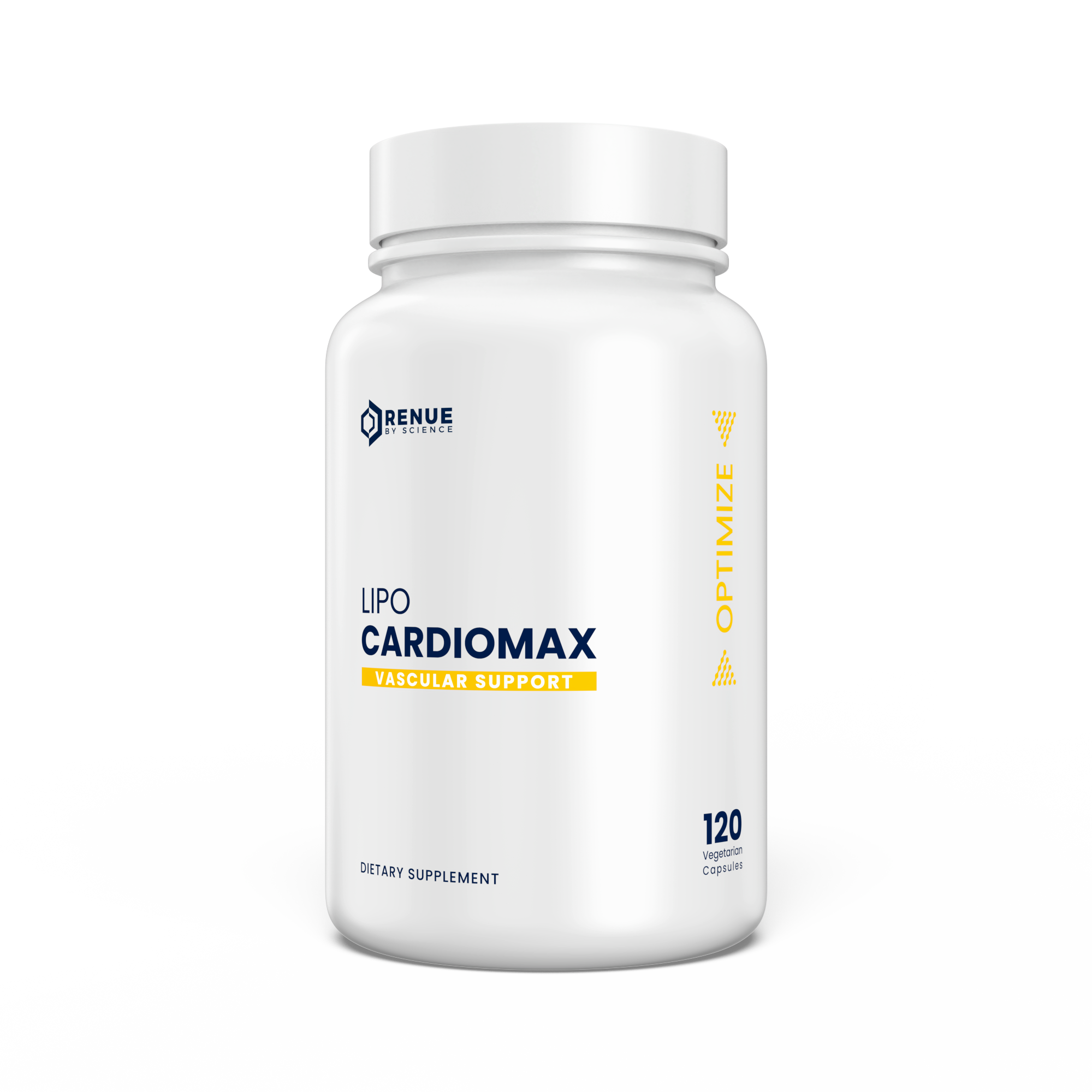 White bottle of Renue By Science Lipo Cardiomax Vascular Support dietary supplement with 120 vegetarian capsules.