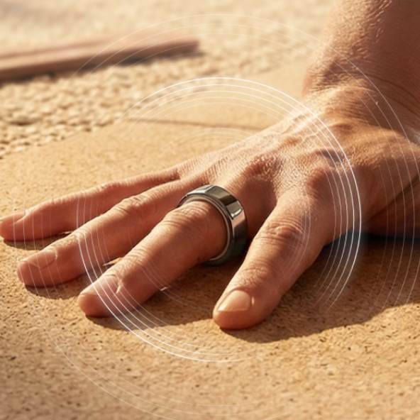 A hand wearing a silver smart ring on the index finger rests on a textured brown surface, with white signal waves radiating from the ring.
