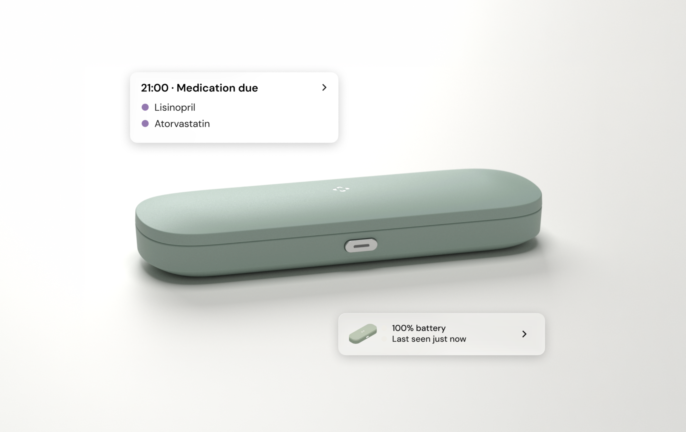 A mint green smart pillbox shows digital notifications for medication due (Lisinopril, Atorvastatin) and 100% battery.