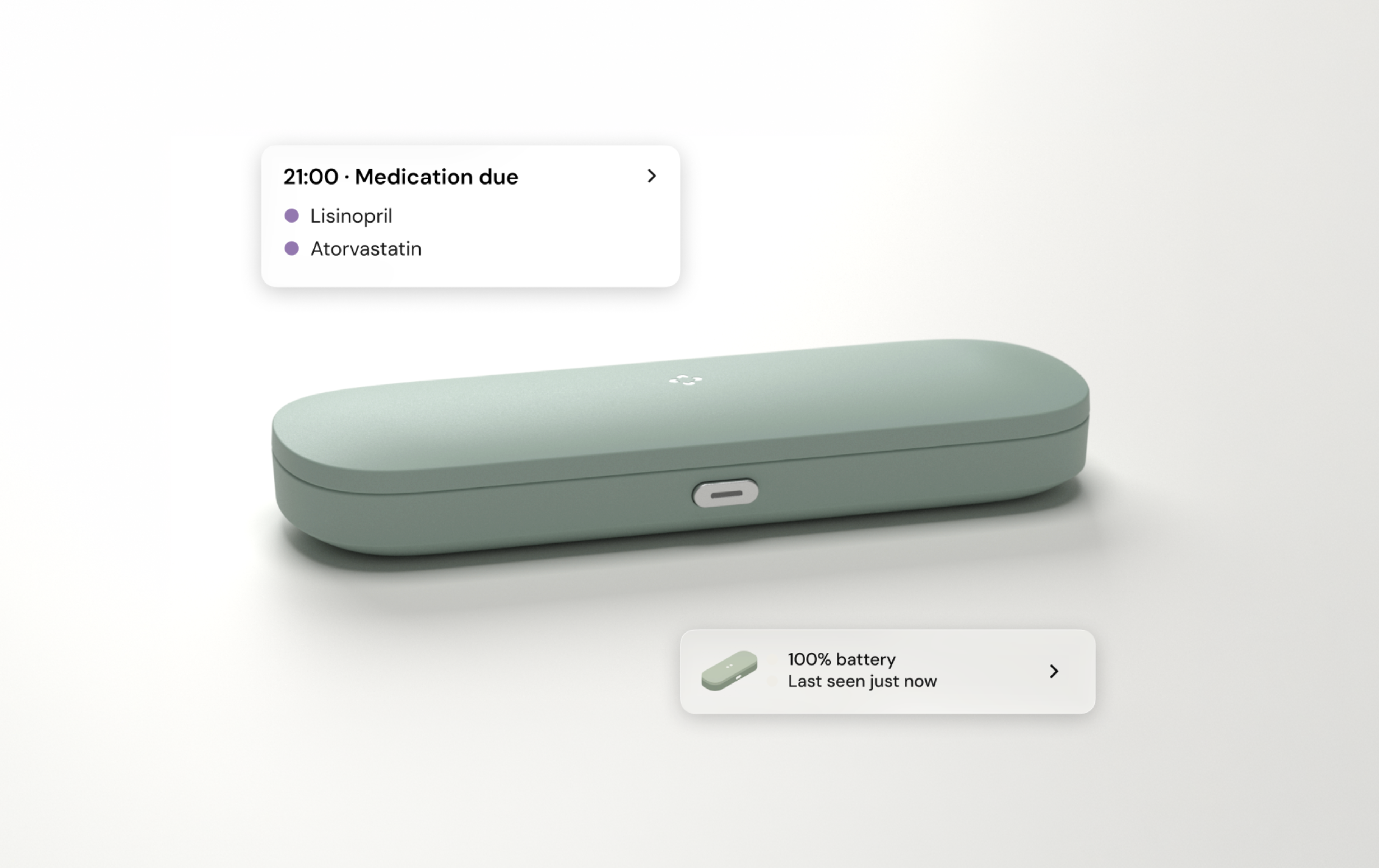 A mint green smart pillbox shows digital notifications for medication due (Lisinopril, Atorvastatin) and 100% battery.
