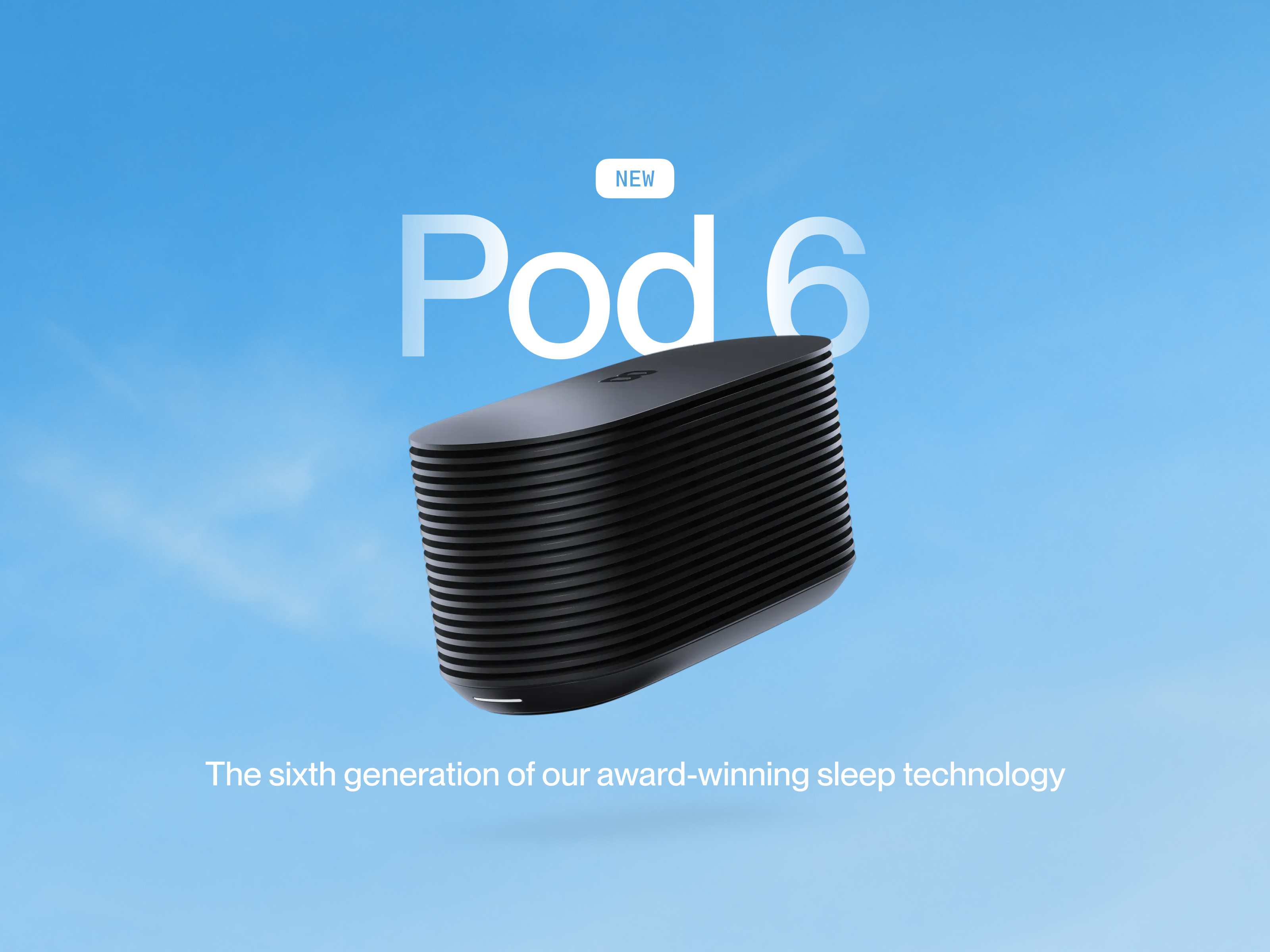 A black "DEEP SLEEP" smart device sits on the floor beside a bed in a room overlooking the ocean.