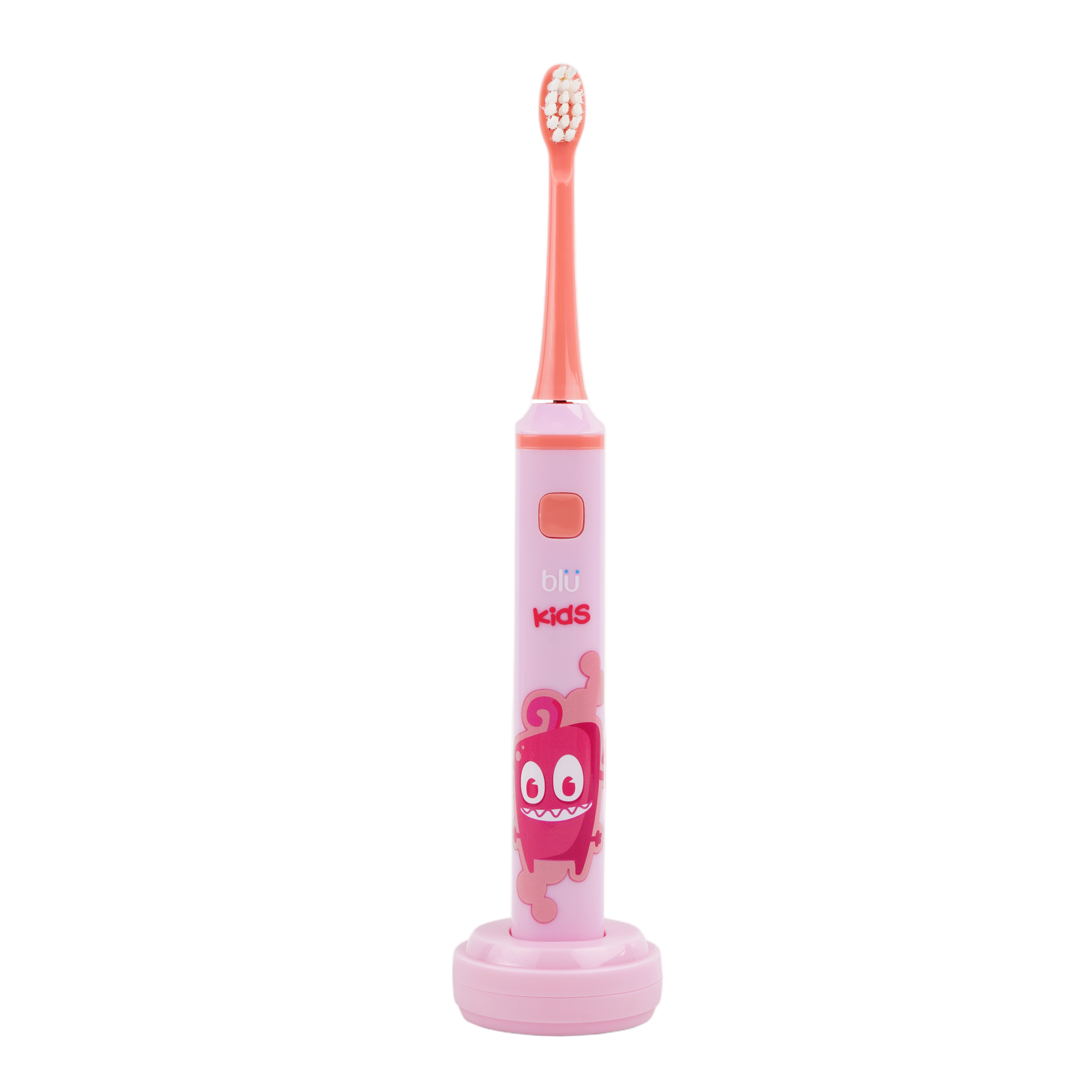 BLÜ Kids pink smart toothbrush with charging base and text overlay