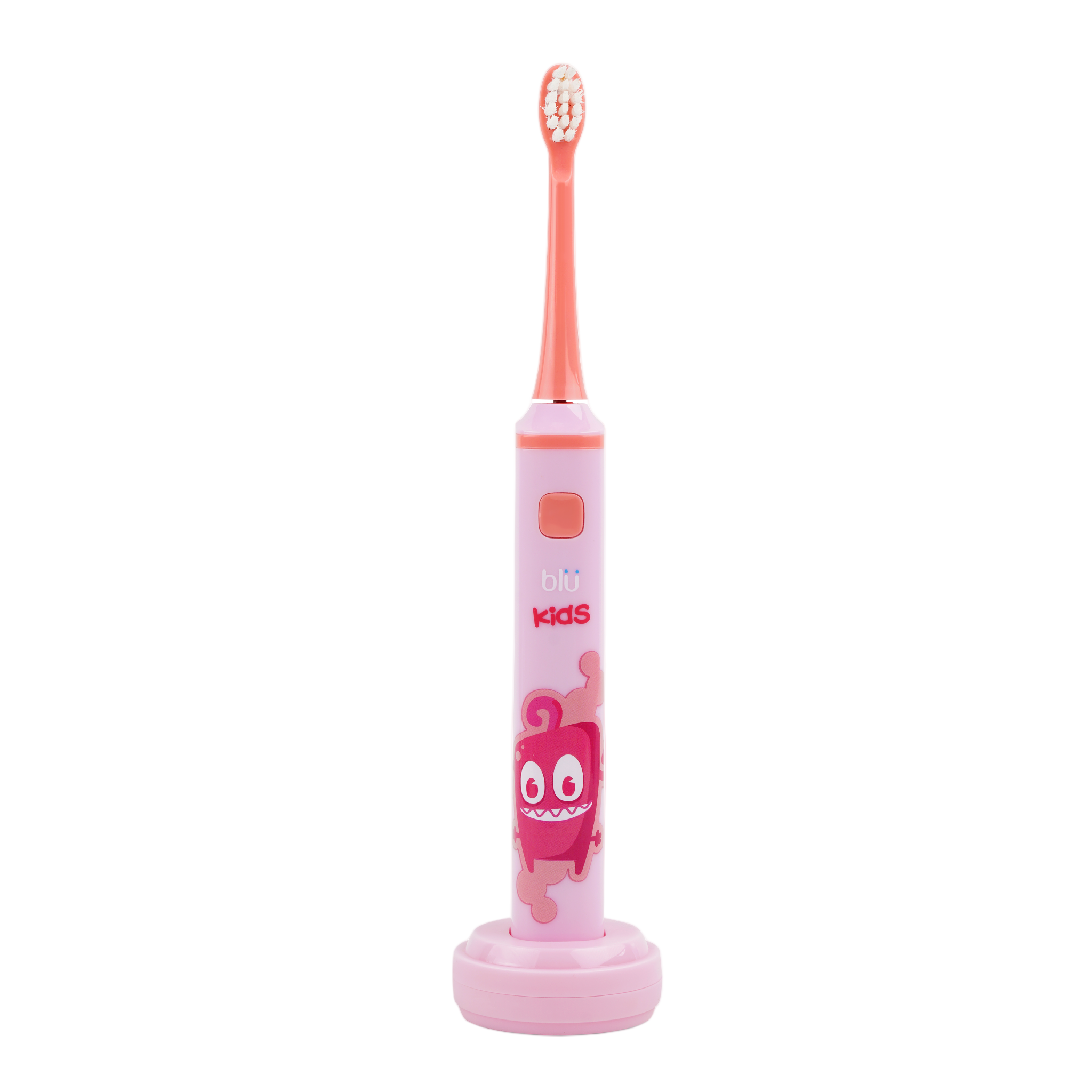 BLÜ Kids pink smart toothbrush with charging base and text overlay