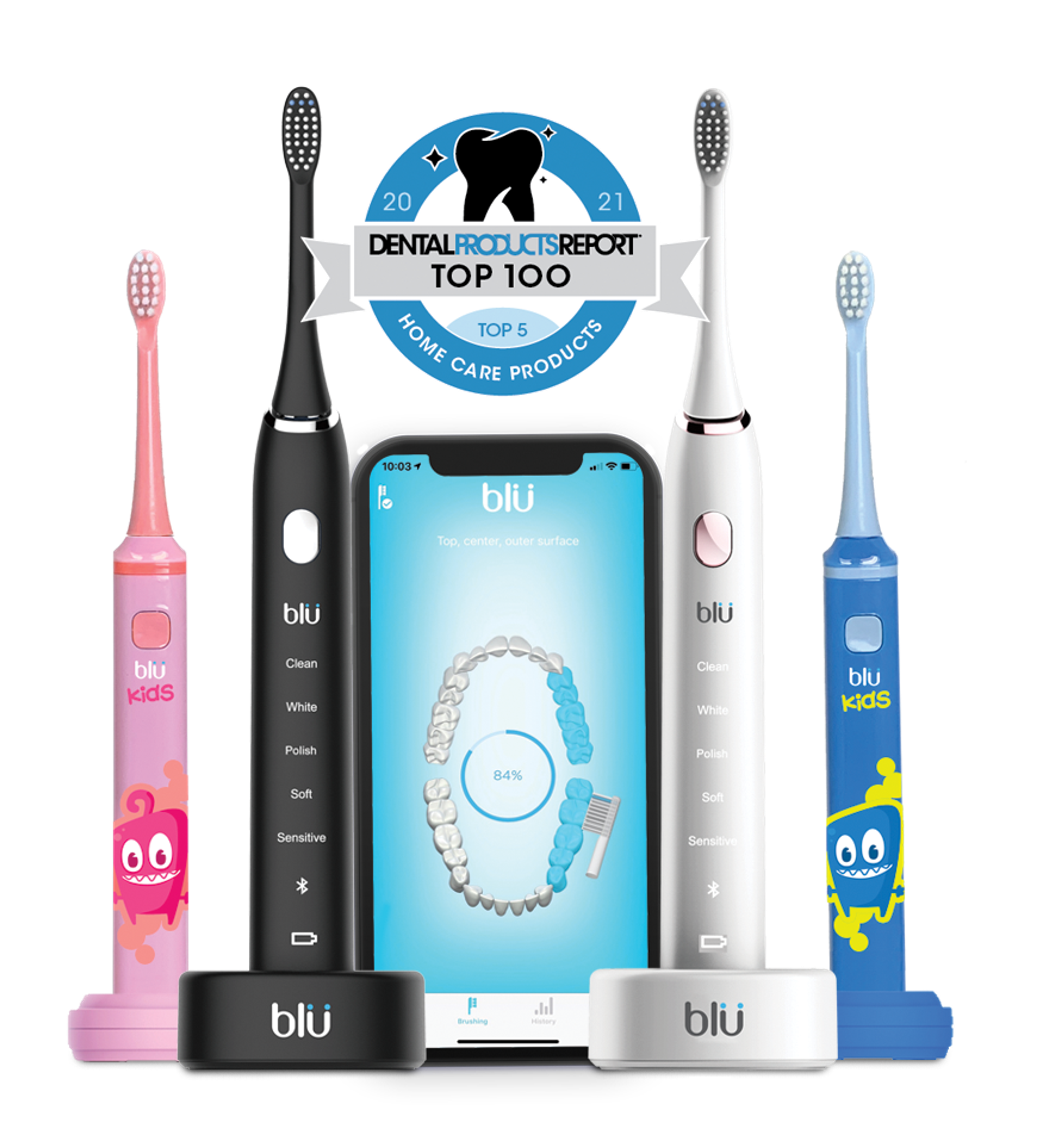 Blu electric toothbrushes for adults and kids, with a smartphone displaying the Blu app showing brushing progress and a 'Dental Products Report Top 100' award badge.