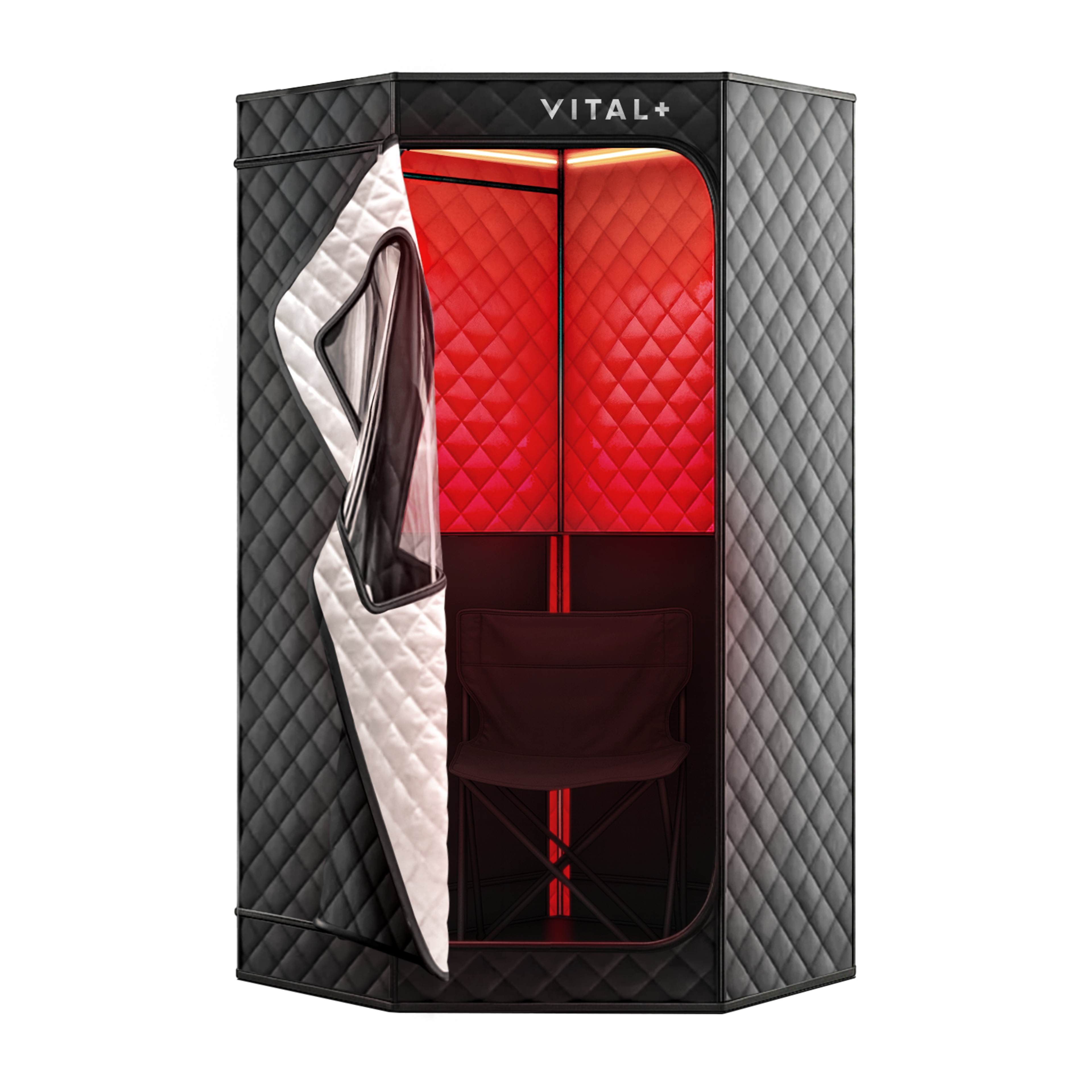 Portable black quilted sauna with an open door, revealing a red interior and a folding chair.