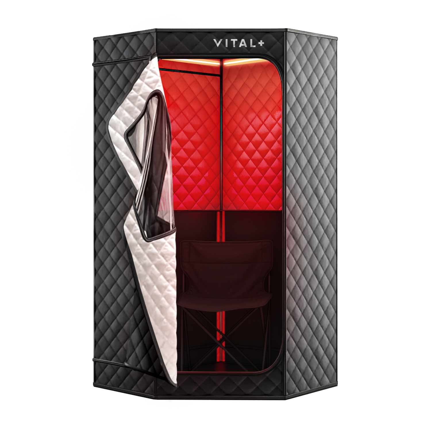 Portable black quilted sauna with an open door, revealing a red interior and a folding chair.