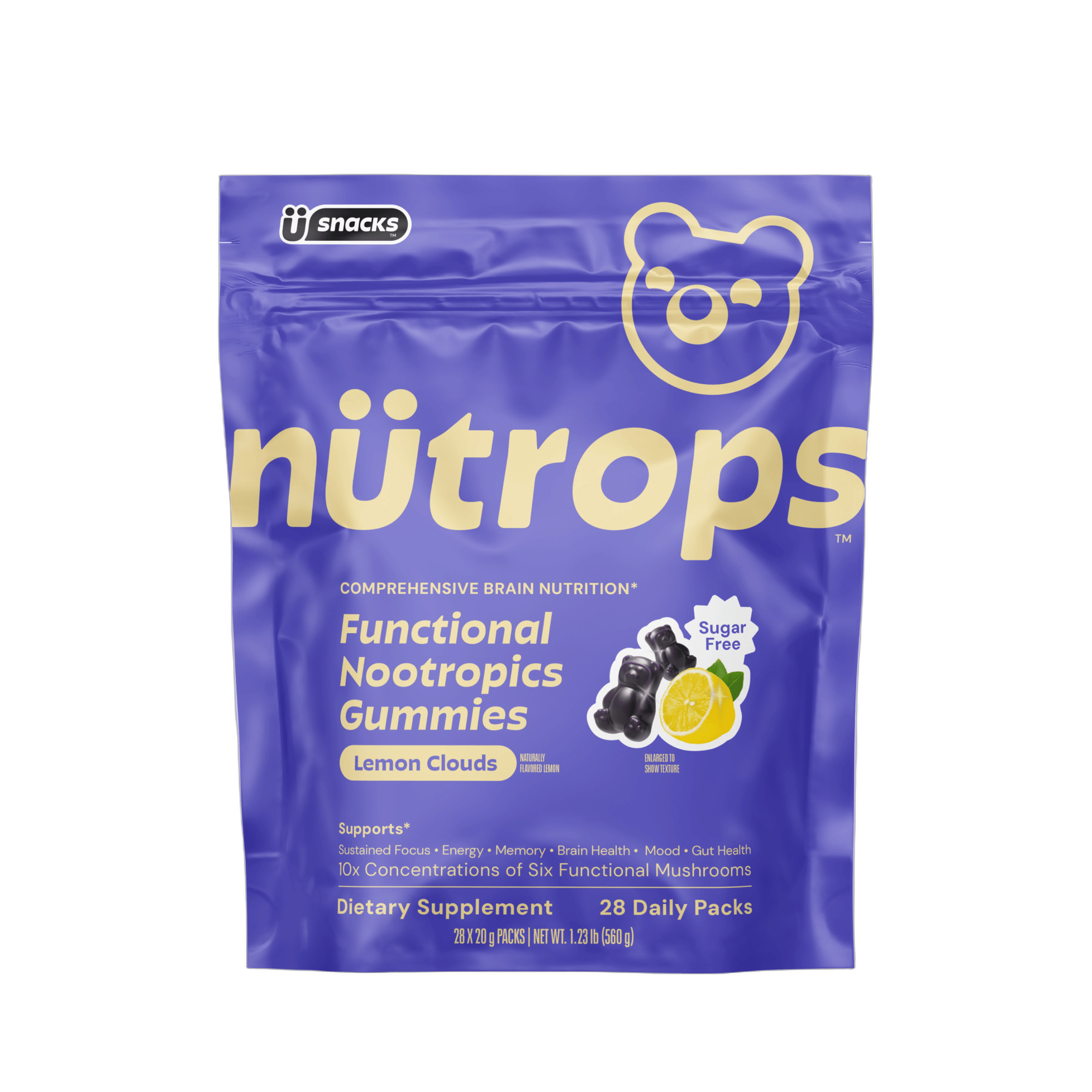 A purple pouch of nütrops Functional Nootropics Gummies, Lemon Clouds flavor, with a teddy bear logo and "Sugar Free" label.
