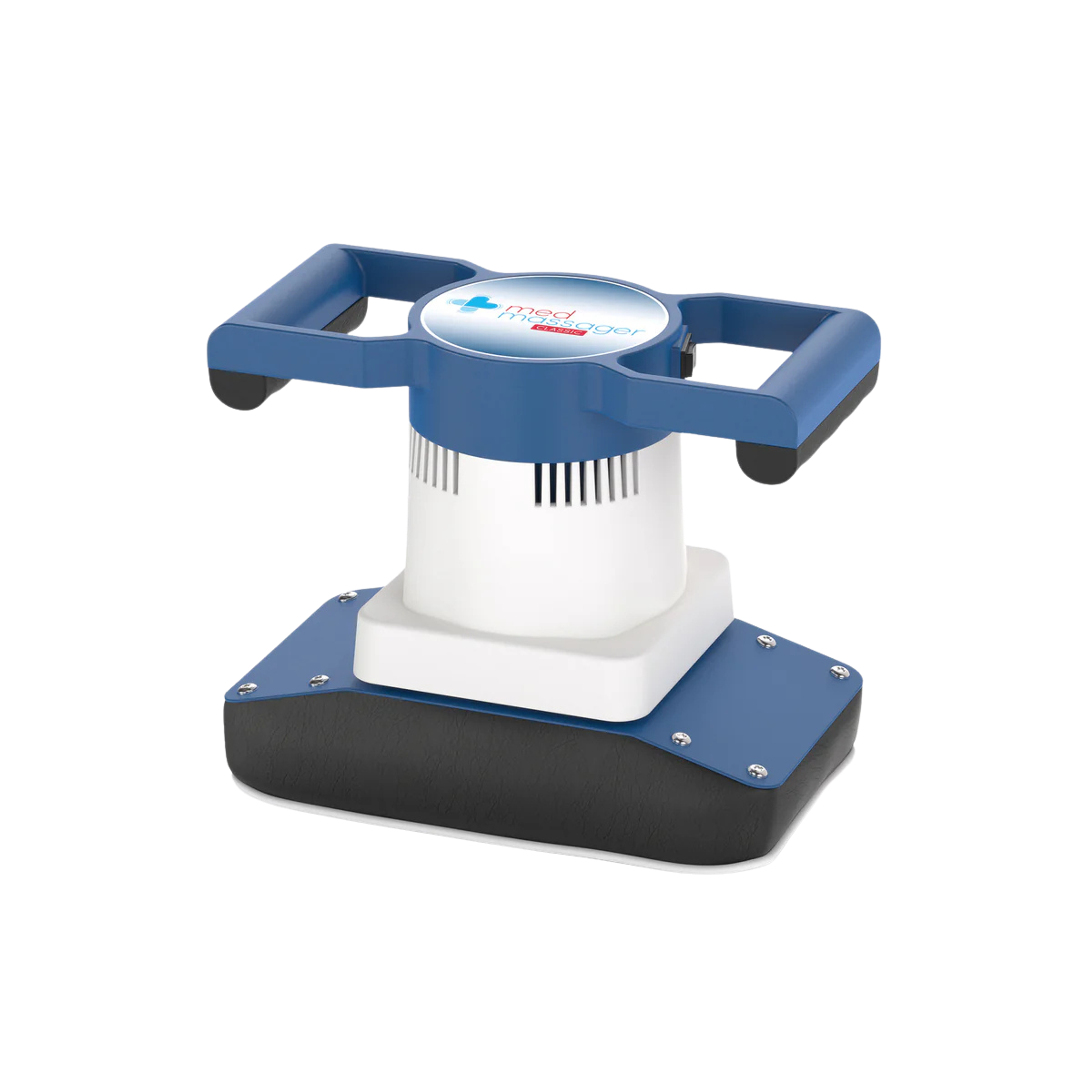 A blue and white Med Massager device with a handle and a padded base.