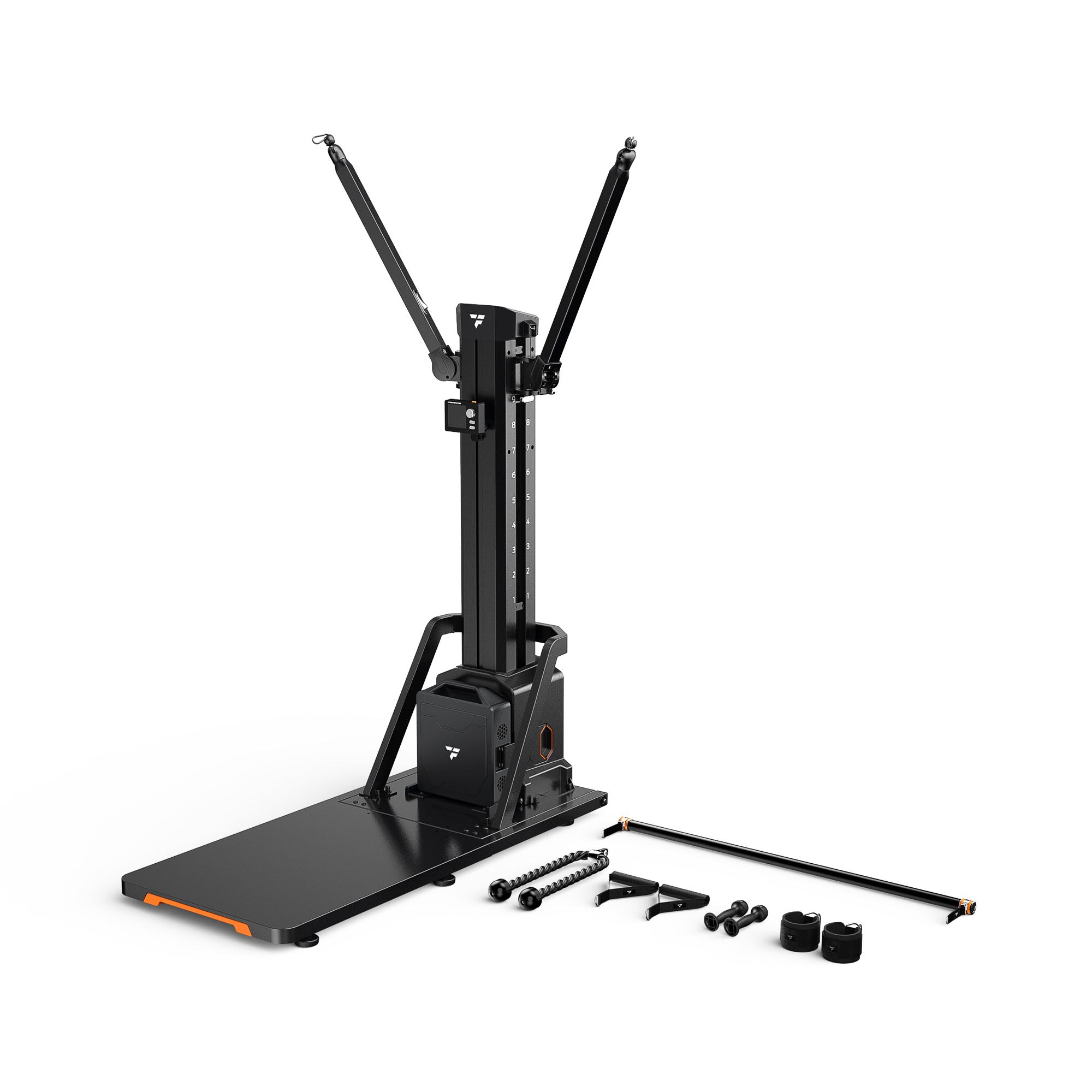 A black smart home gym machine with a vertical column, two upward-angled arms, a flat platform, and various workout attachments.